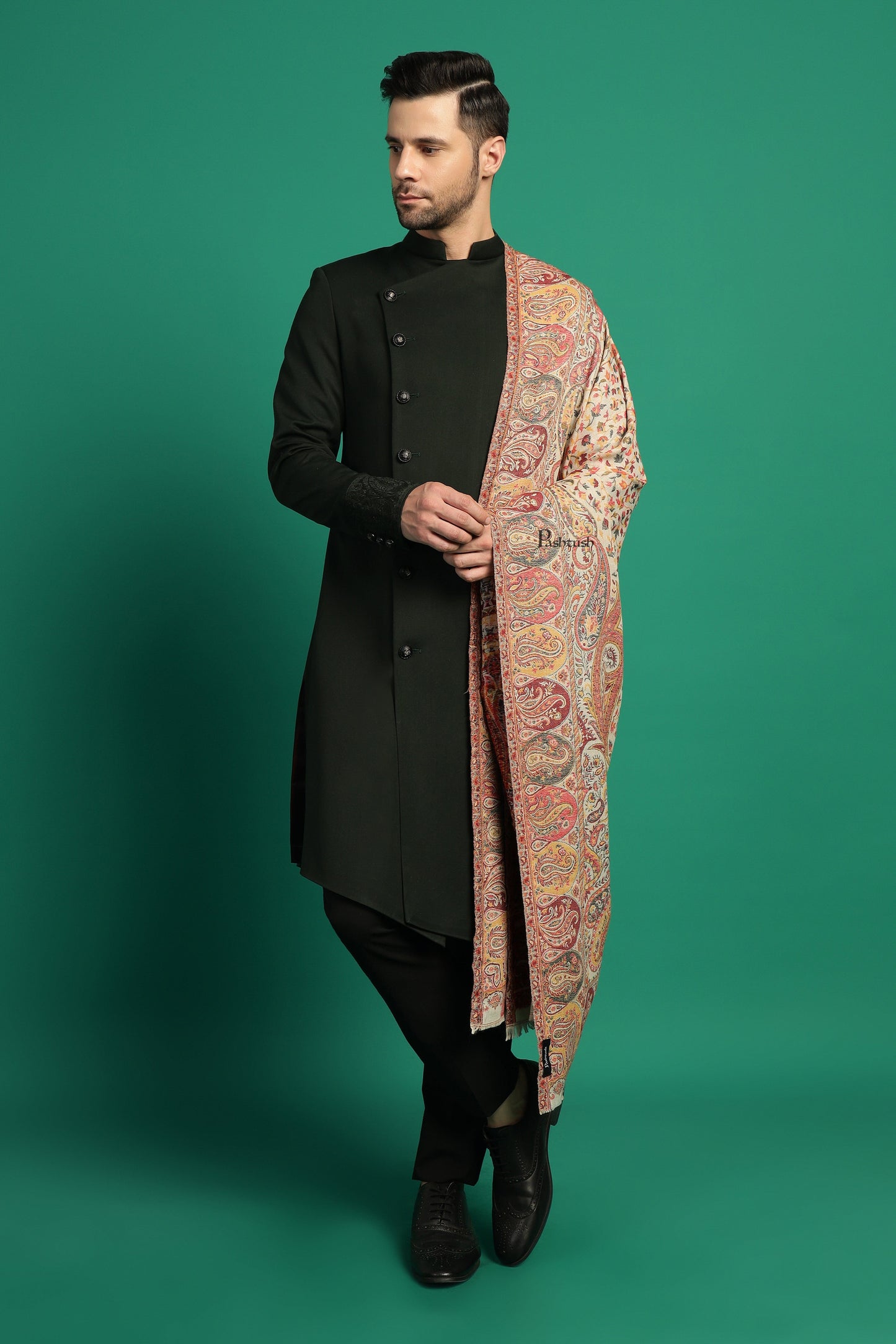 Pashtush India Mens Scarves Stoles and Mufflers Pashtush Mens Extra Fine Wool Stole, Paisley Design, Beige