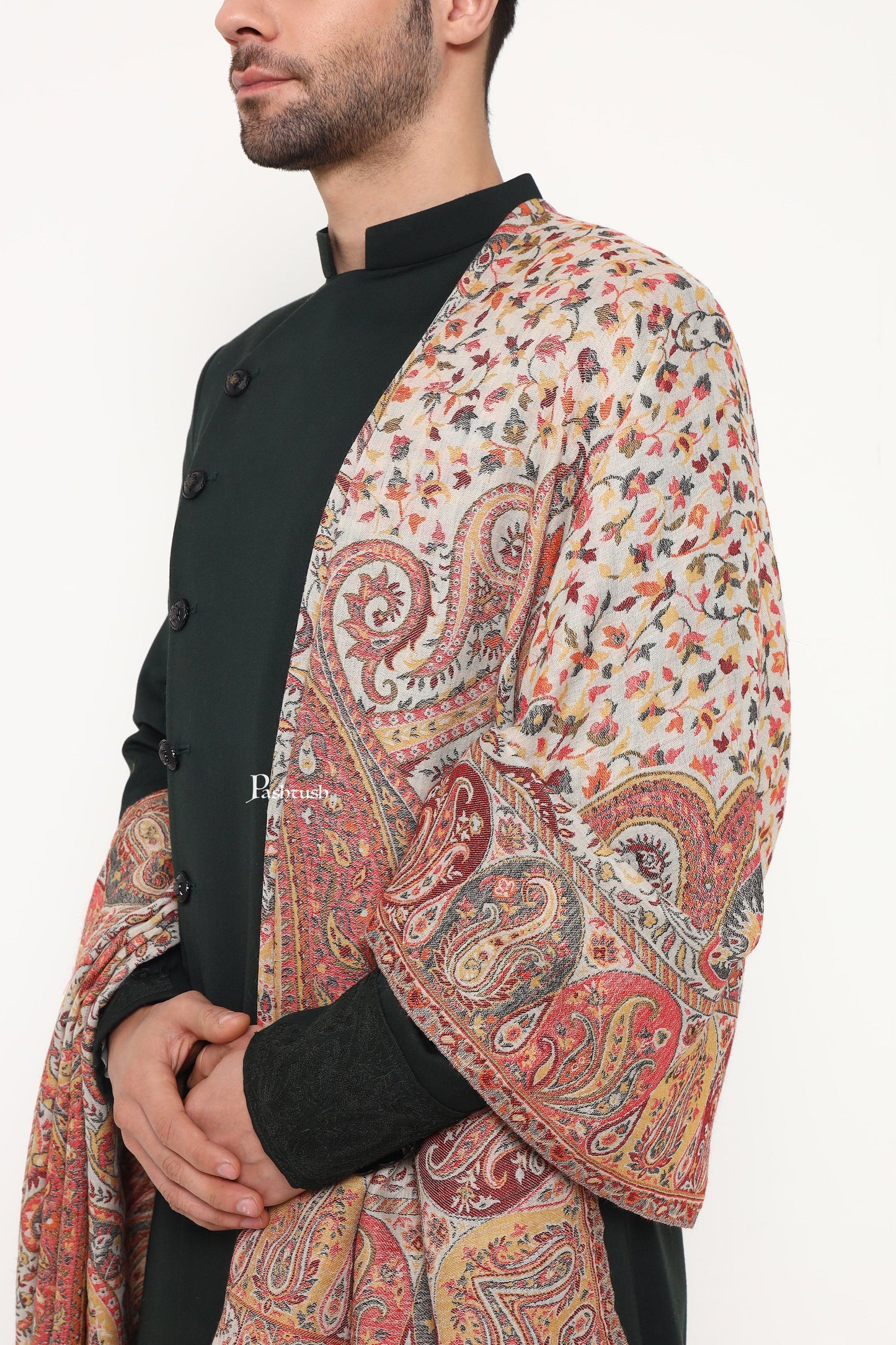 Pashtush India Mens Scarves Stoles and Mufflers Pashtush Mens Extra Fine Wool Stole, Paisley Design, Beige