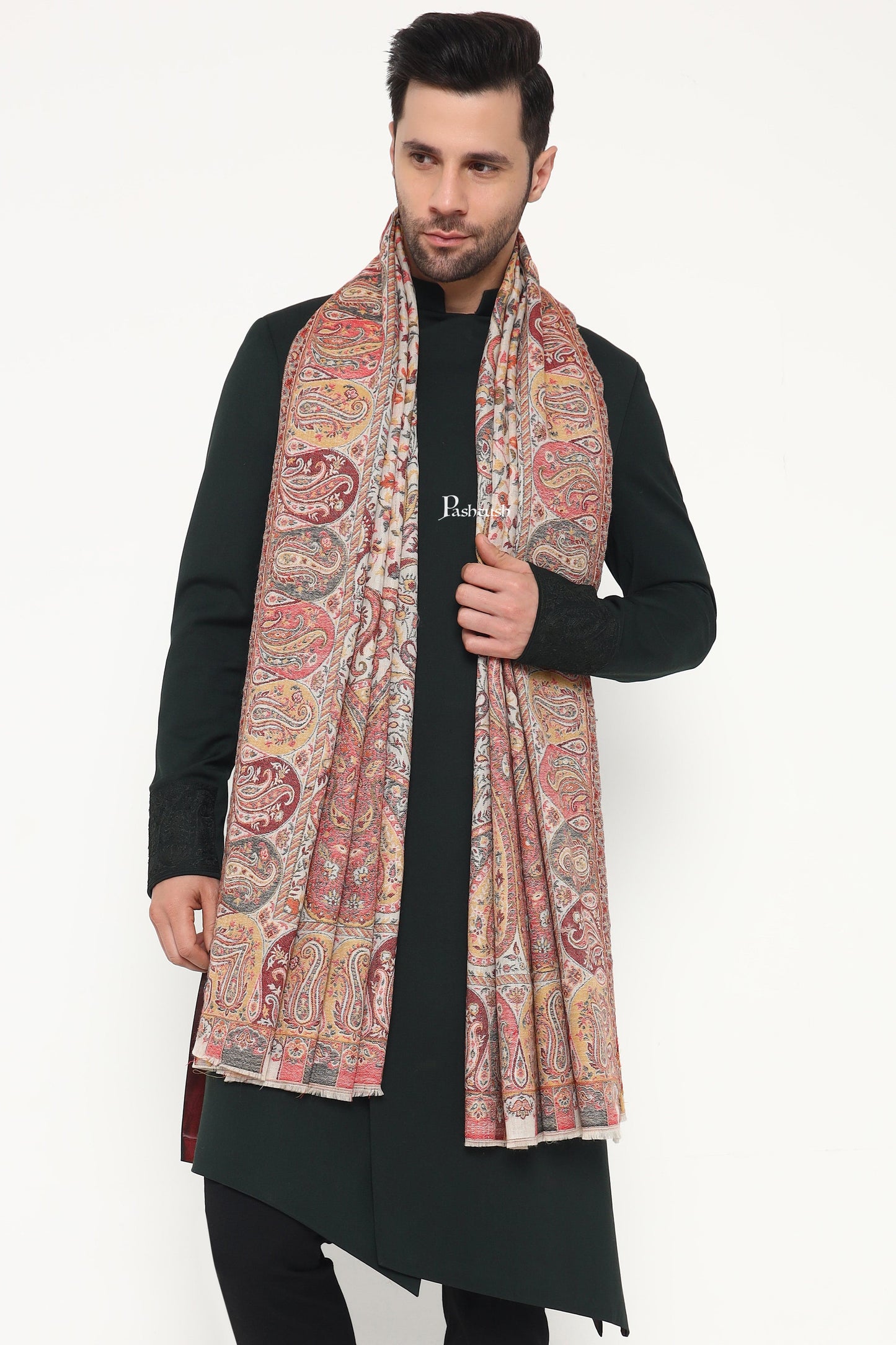 Pashtush India Mens Scarves Stoles and Mufflers Pashtush Mens Extra Fine Wool Stole, Paisley Design, Beige