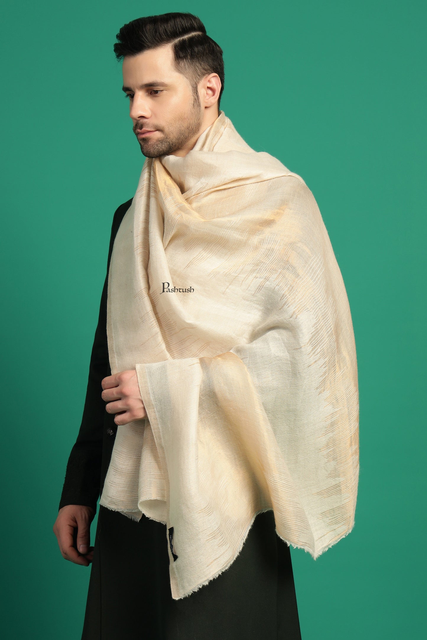 Pashtush India Mens Scarves Stoles and Mufflers Pashtush Mens Extra Fine Wool Stole, Paisley Design, Ivory