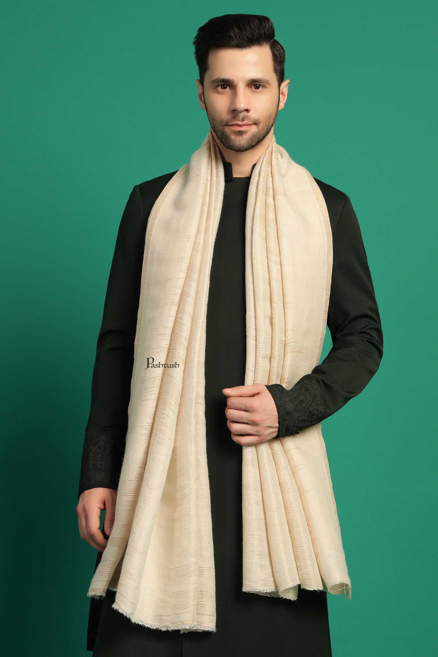 Pashtush India Mens Scarves Stoles and Mufflers Pashtush Mens Extra Fine Wool Stole, Paisley Design, Ivory