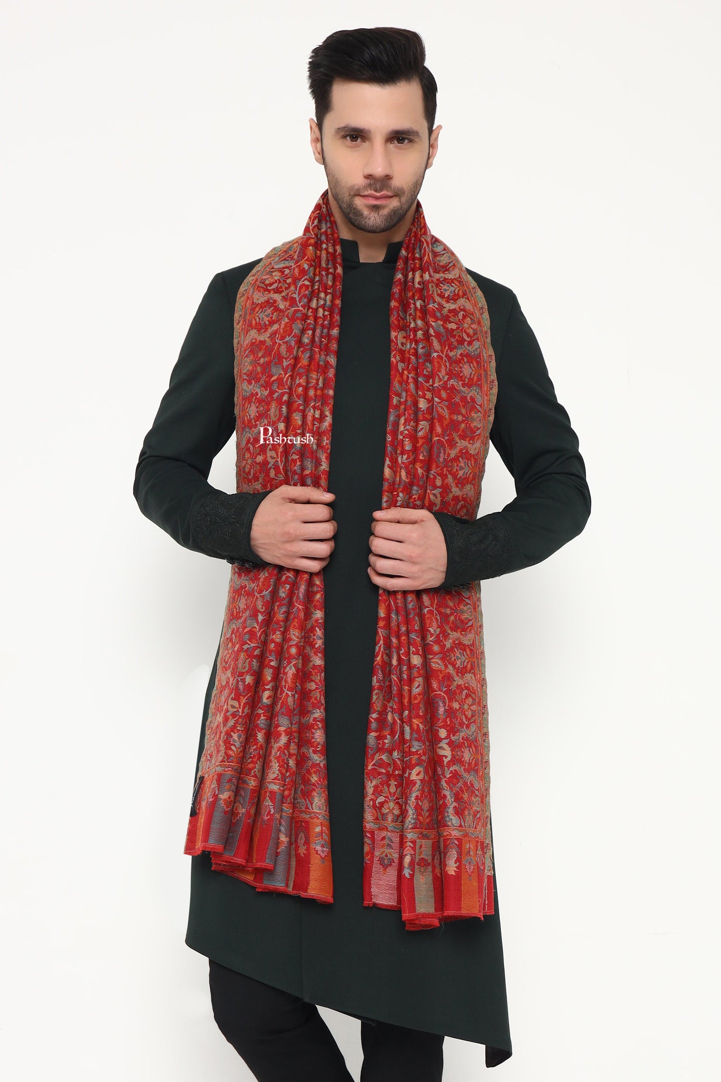Pashtush India Mens Scarves Stoles and Mufflers Pashtush Mens Extra Fine Wool Stole, Paisley Design, Maroon