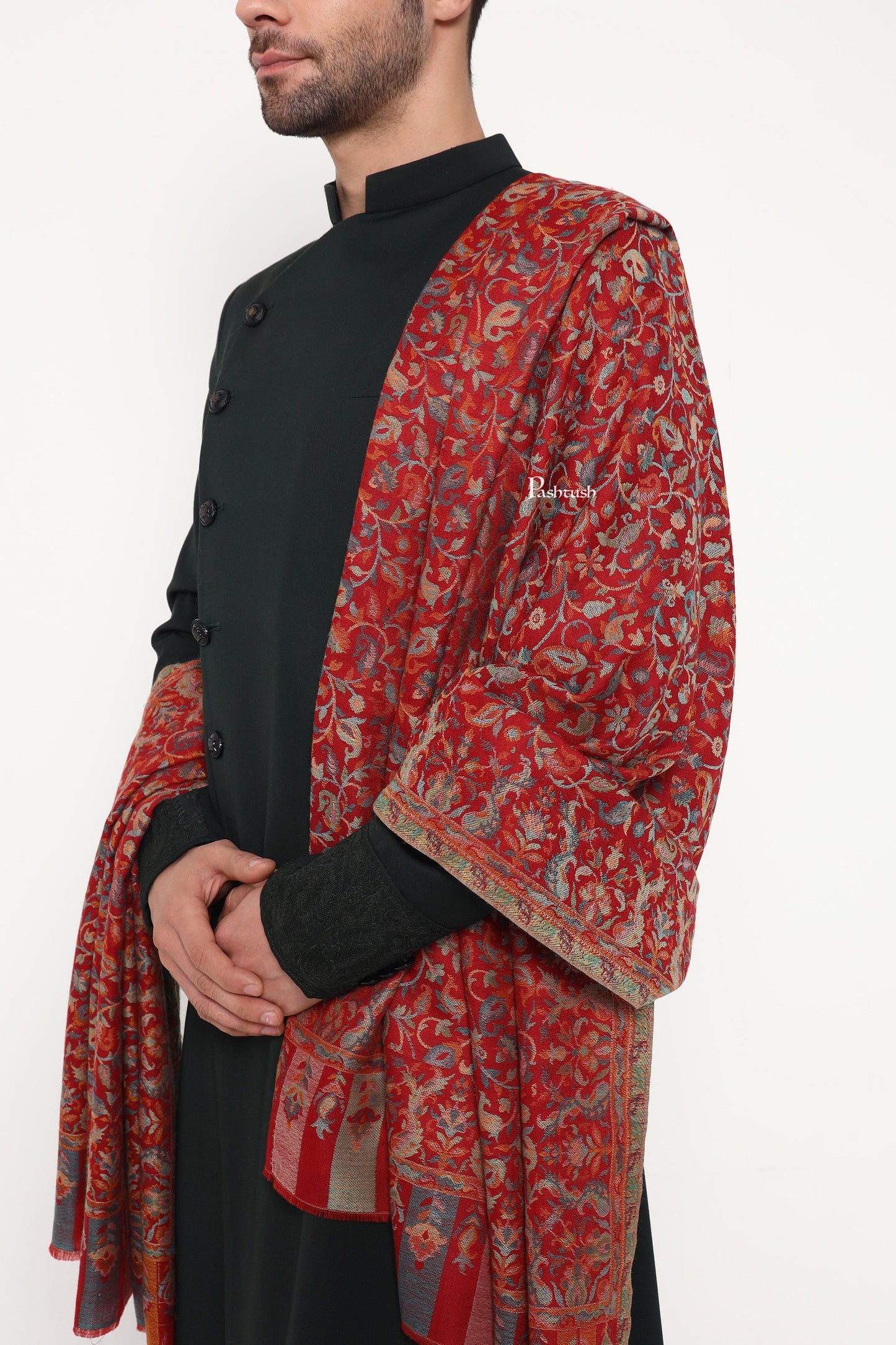 Pashtush India Mens Scarves Stoles and Mufflers Pashtush Mens Extra Fine Wool Stole, Paisley Design, Maroon