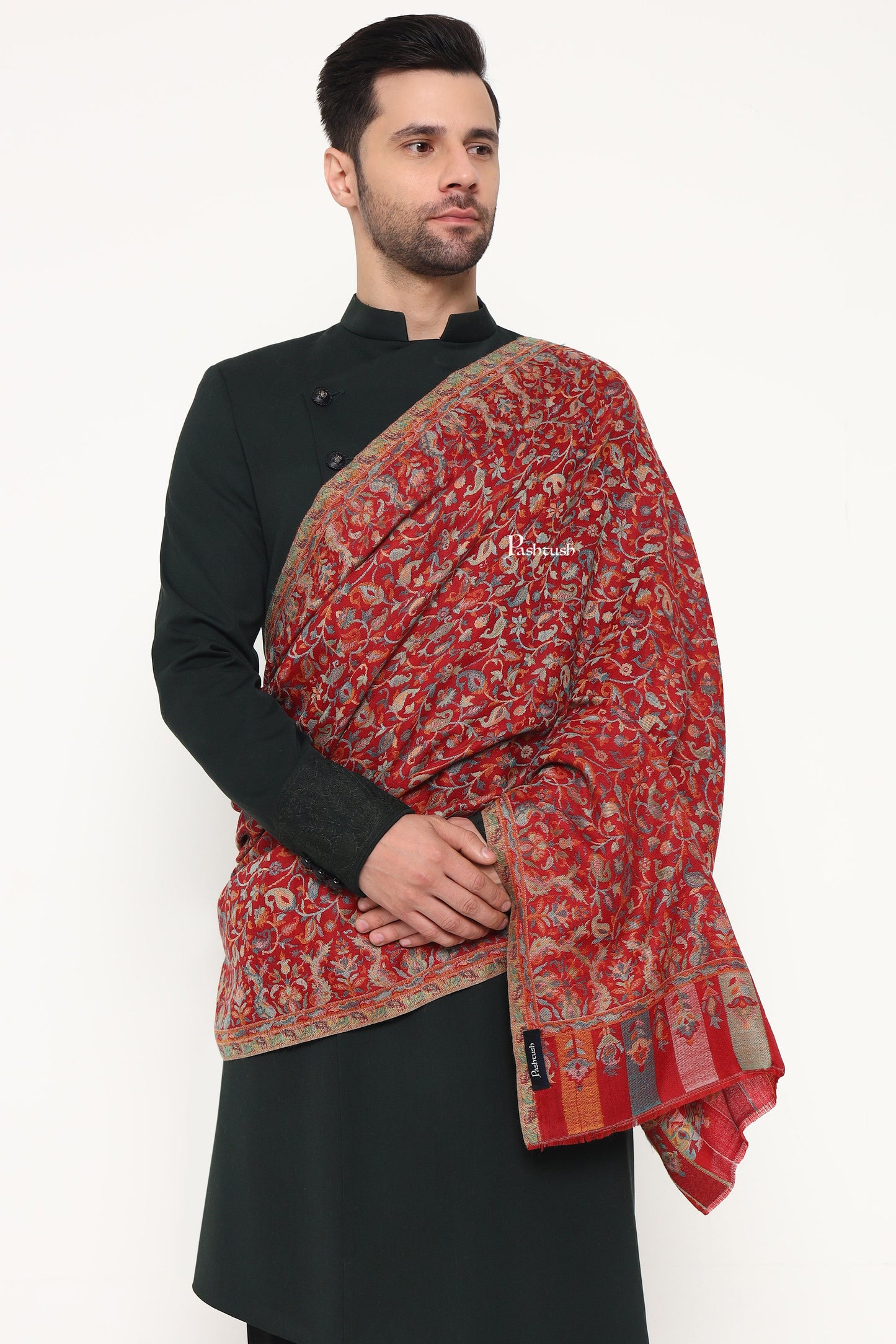 Pashtush India Mens Scarves Stoles and Mufflers Pashtush Mens Extra Fine Wool Stole, Paisley Design, Maroon
