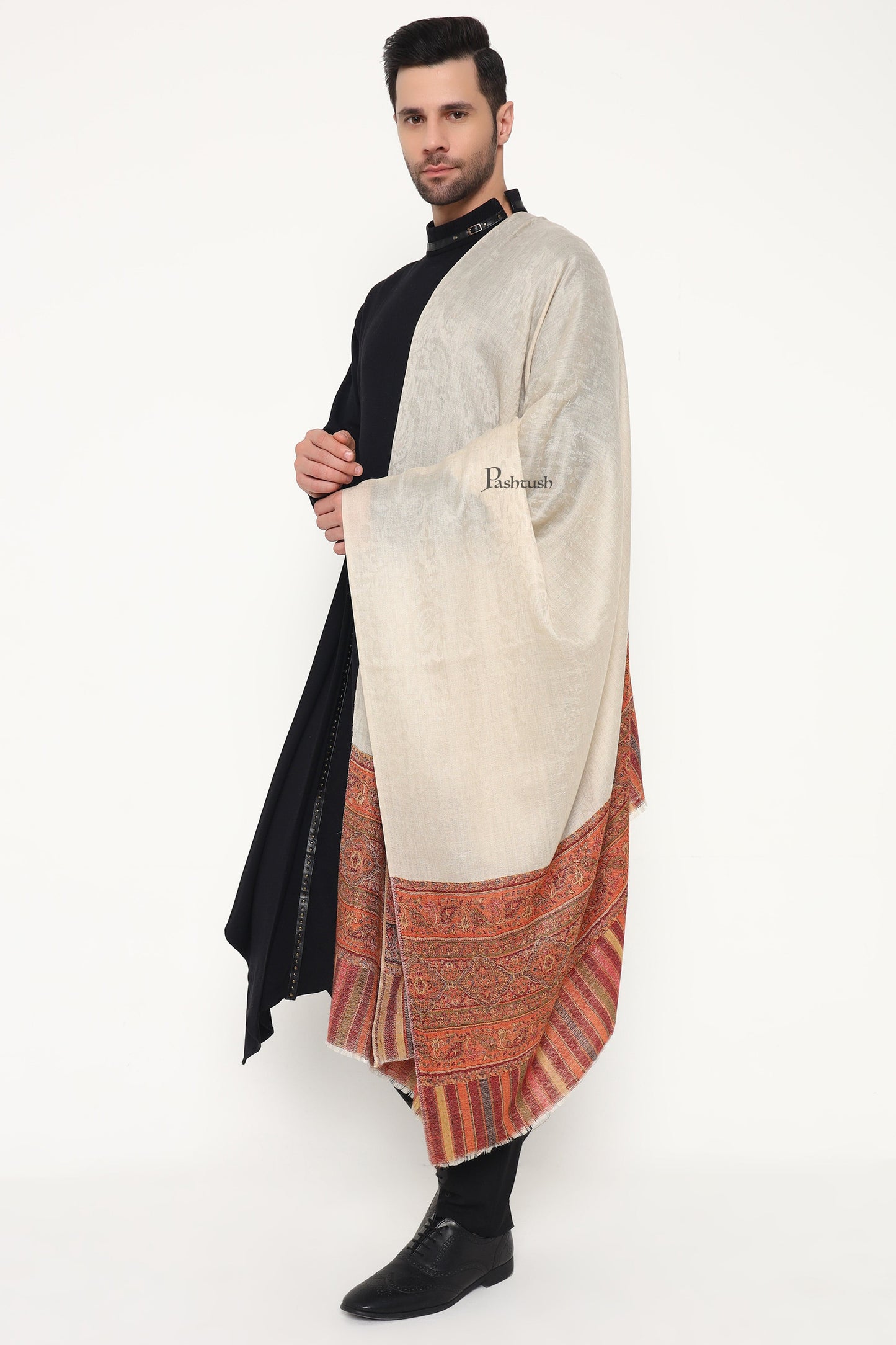 Pashtush India Mens Scarves Stoles and Mufflers Pashtush Mens Extra Fine Wool Stole, Paisley Palla Design, Beige
