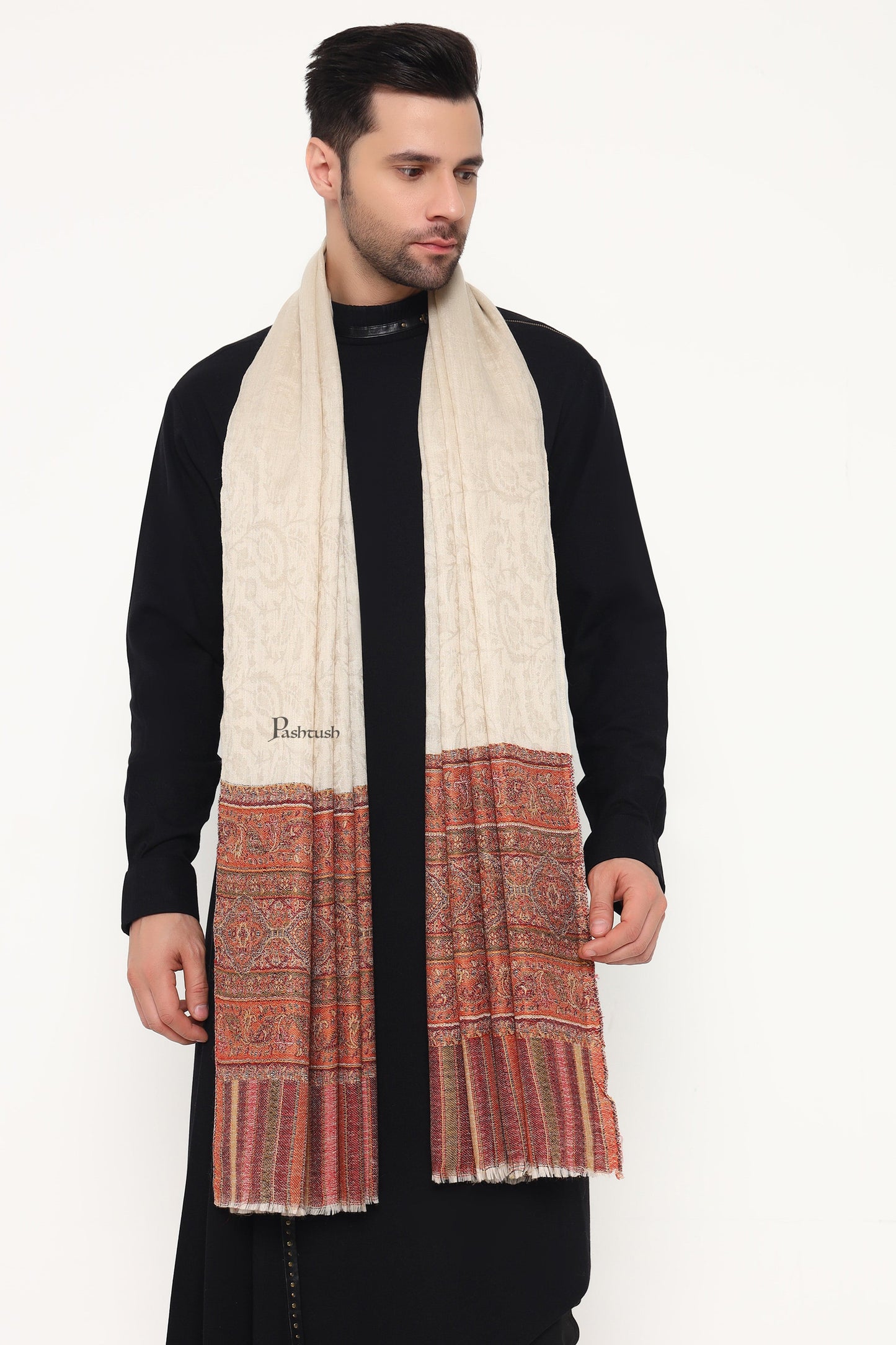 Pashtush India Mens Scarves Stoles and Mufflers Pashtush Mens Extra Fine Wool Stole, Paisley Palla Design, Beige
