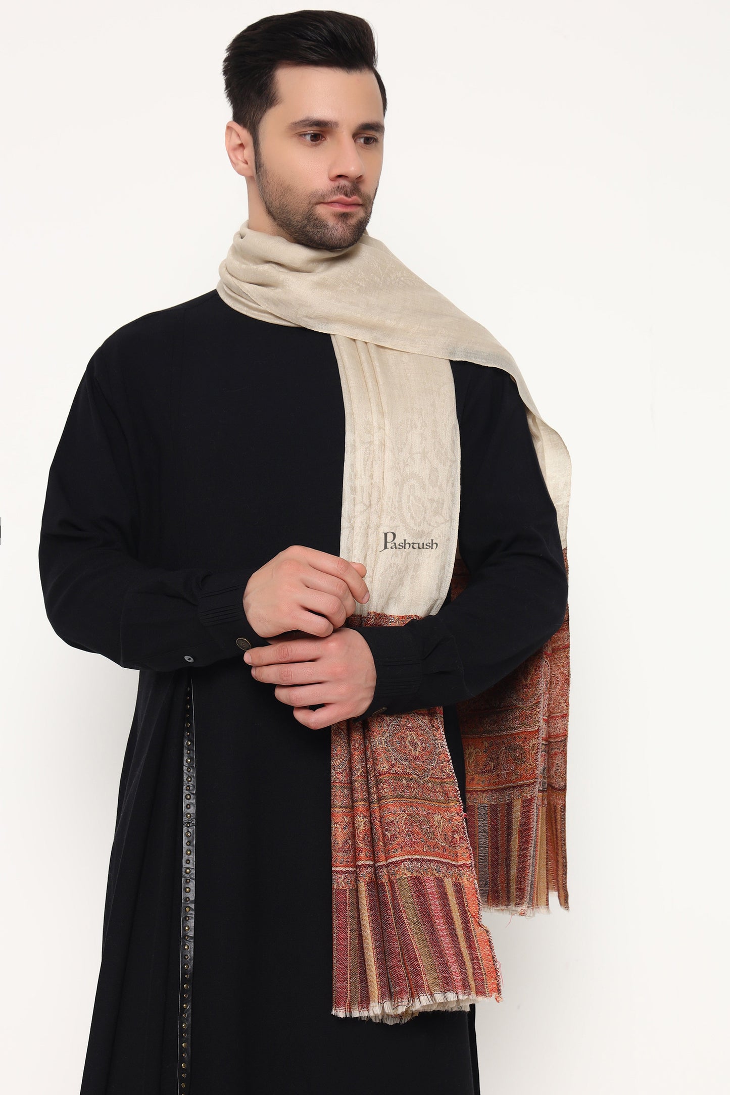 Pashtush India Mens Scarves Stoles and Mufflers Pashtush Mens Extra Fine Wool Stole, Paisley Palla Design, Beige