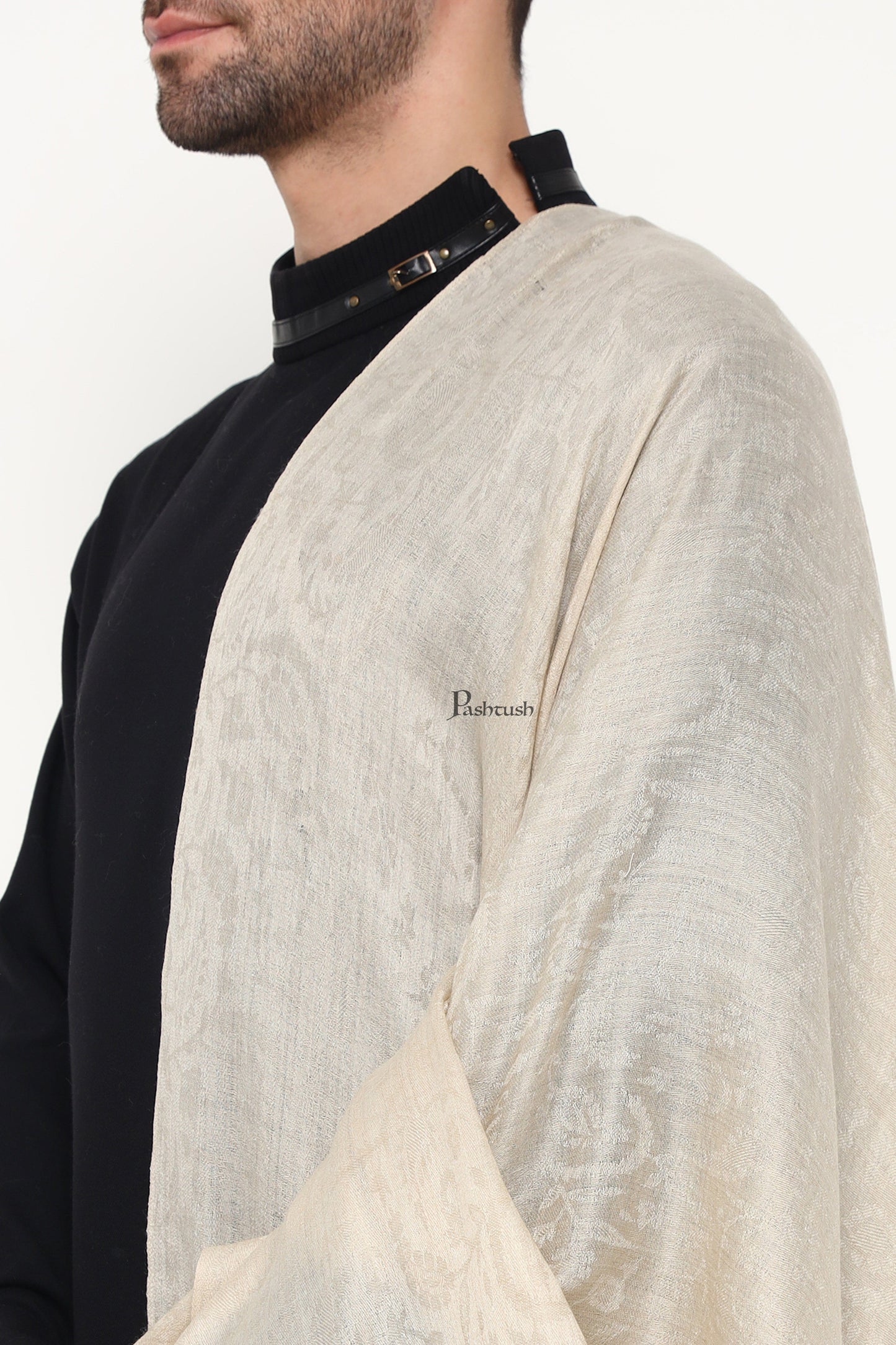 Pashtush India Mens Scarves Stoles and Mufflers Pashtush Mens Extra Fine Wool Stole, Paisley Palla Design, Beige