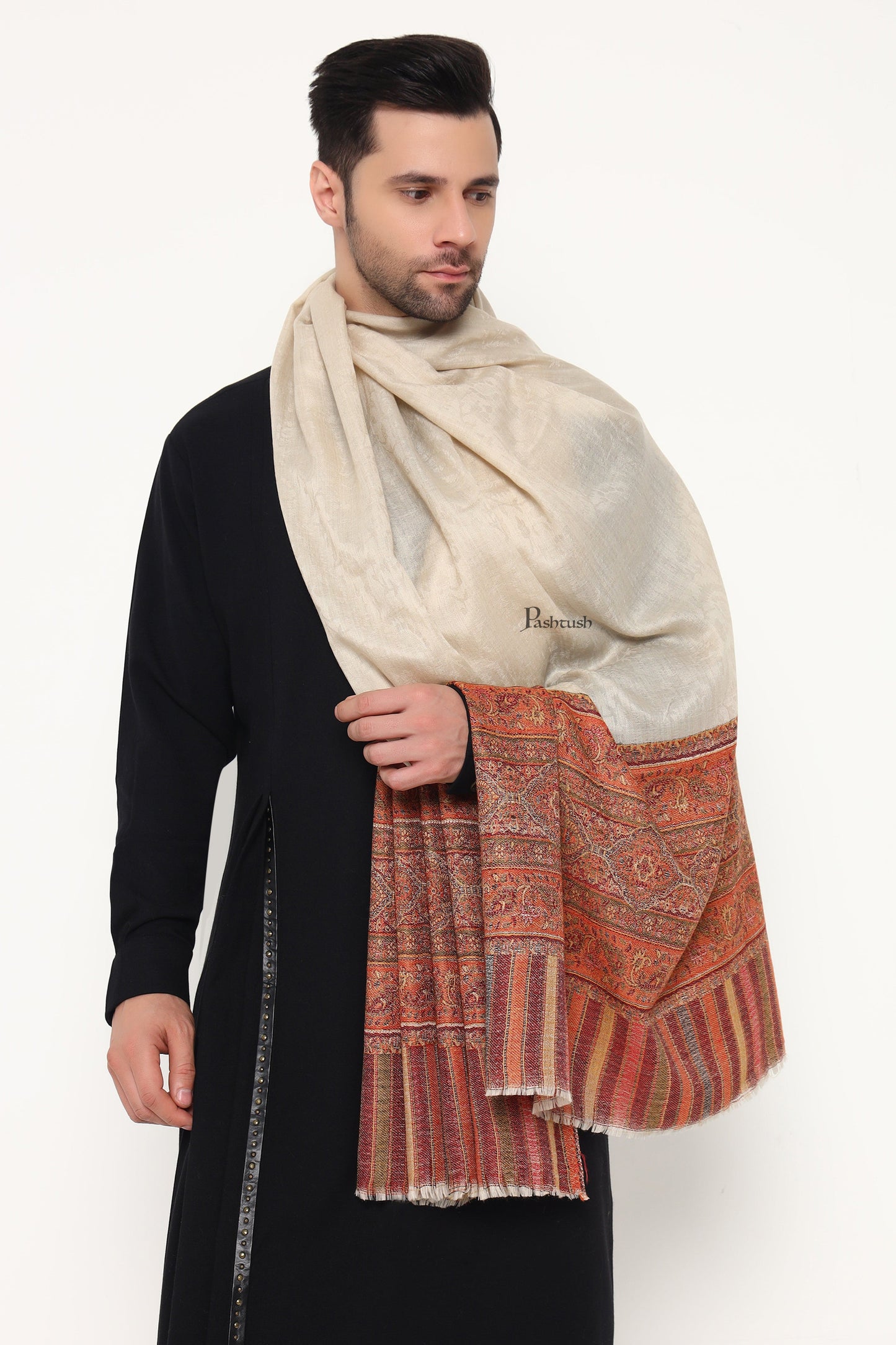 Pashtush India Mens Scarves Stoles and Mufflers Pashtush Mens Extra Fine Wool Stole, Paisley Palla Design, Beige