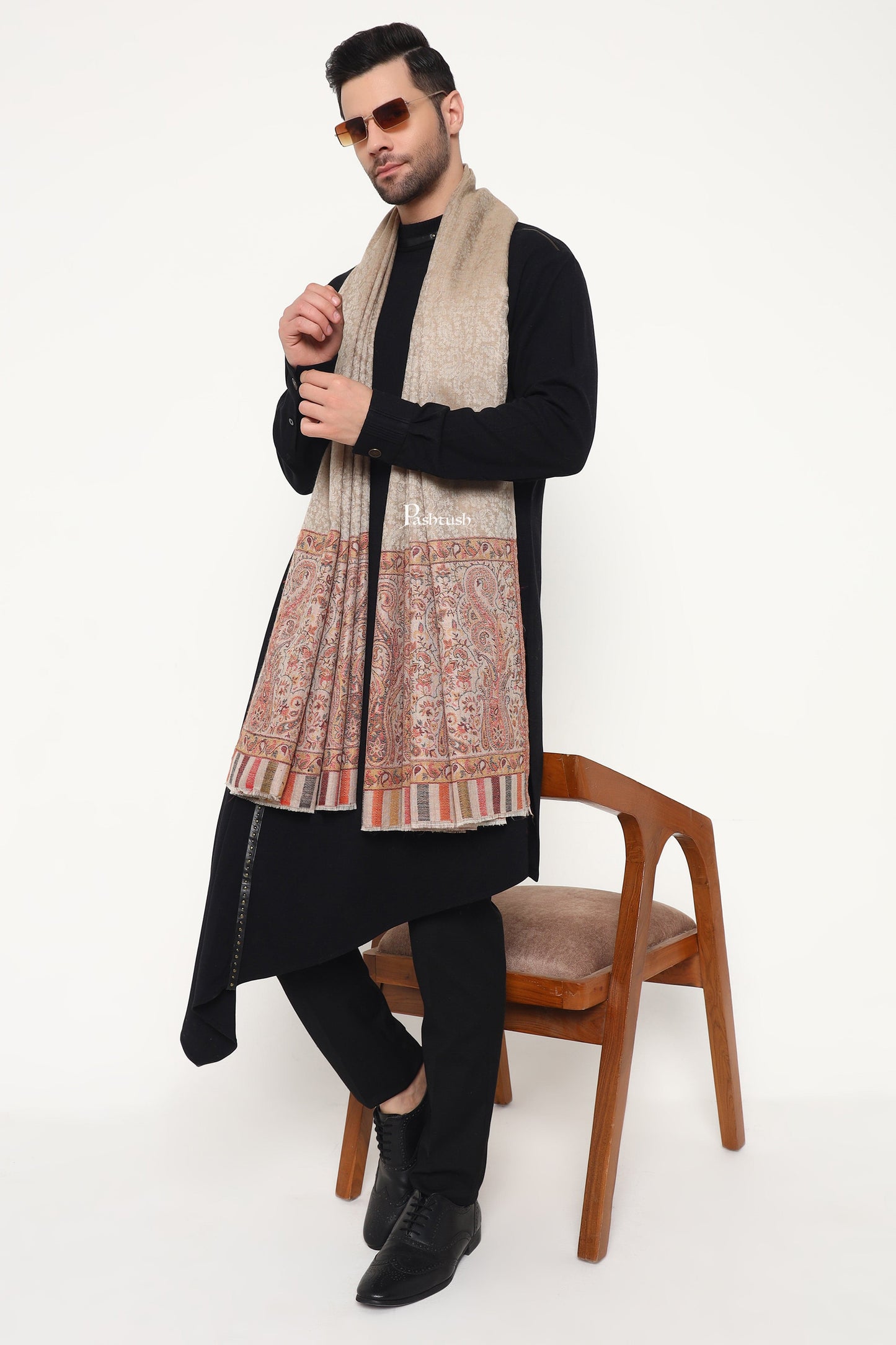 Pashtush India Mens Scarves Stoles and Mufflers Pashtush Mens Extra Fine Wool Stole, Paisley Palla Design, Beige