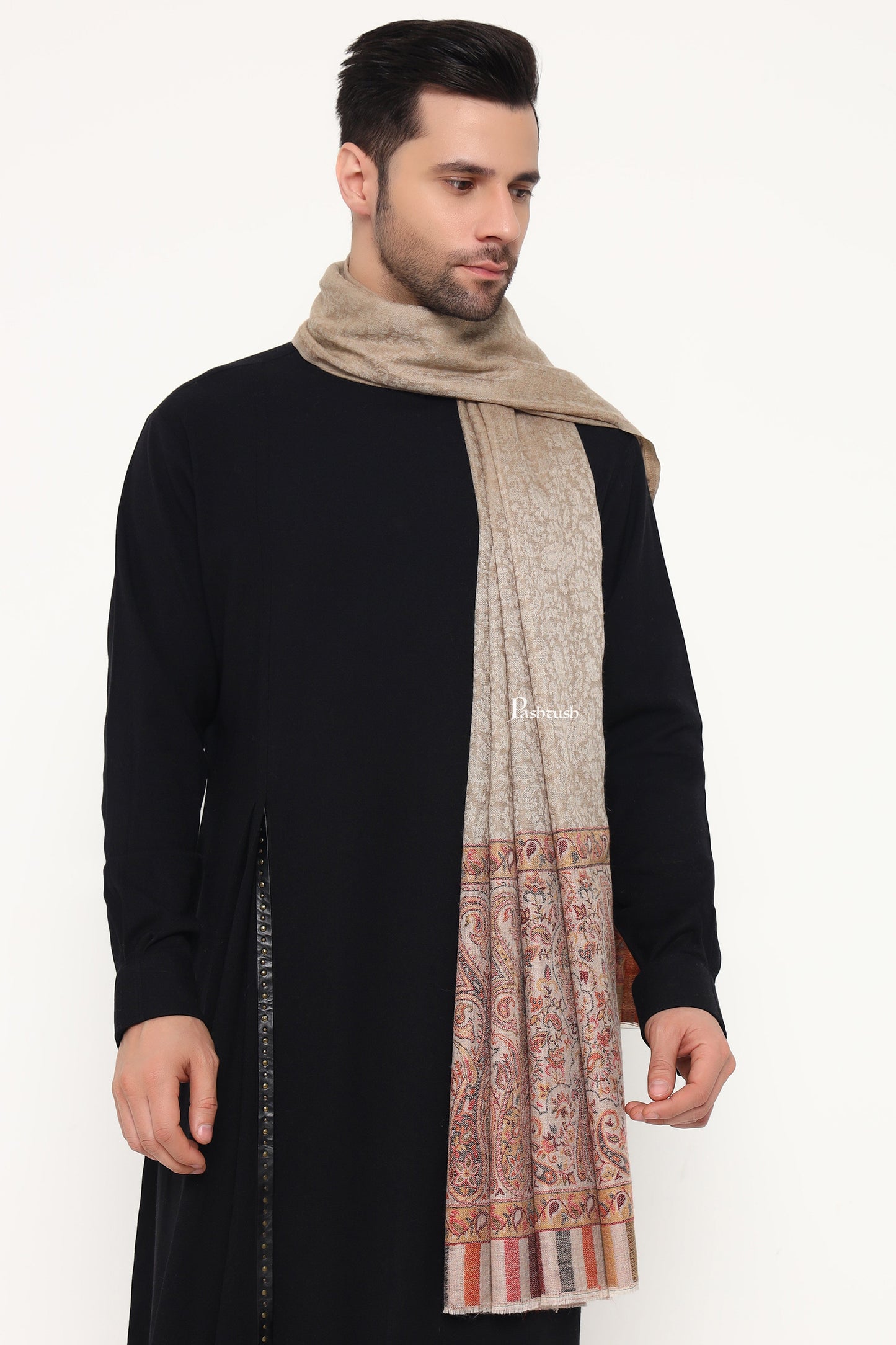 Pashtush India Mens Scarves Stoles and Mufflers Pashtush Mens Extra Fine Wool Stole, Paisley Palla Design, Beige