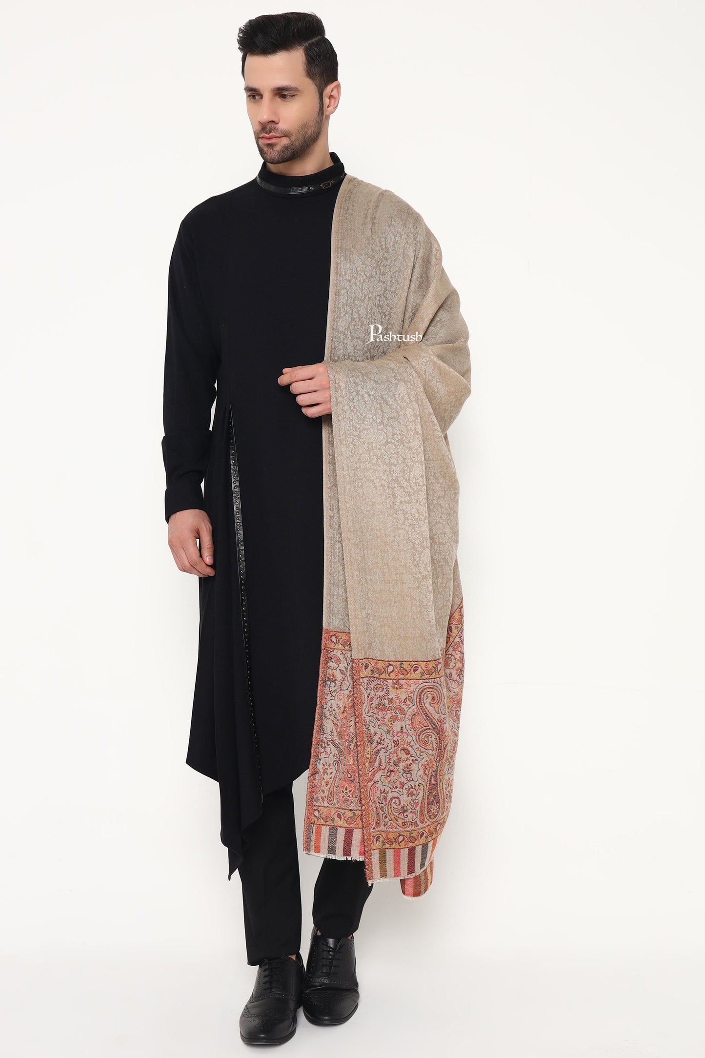 Pashtush India Mens Scarves Stoles and Mufflers Pashtush Mens Extra Fine Wool Stole, Paisley Palla Design, Beige
