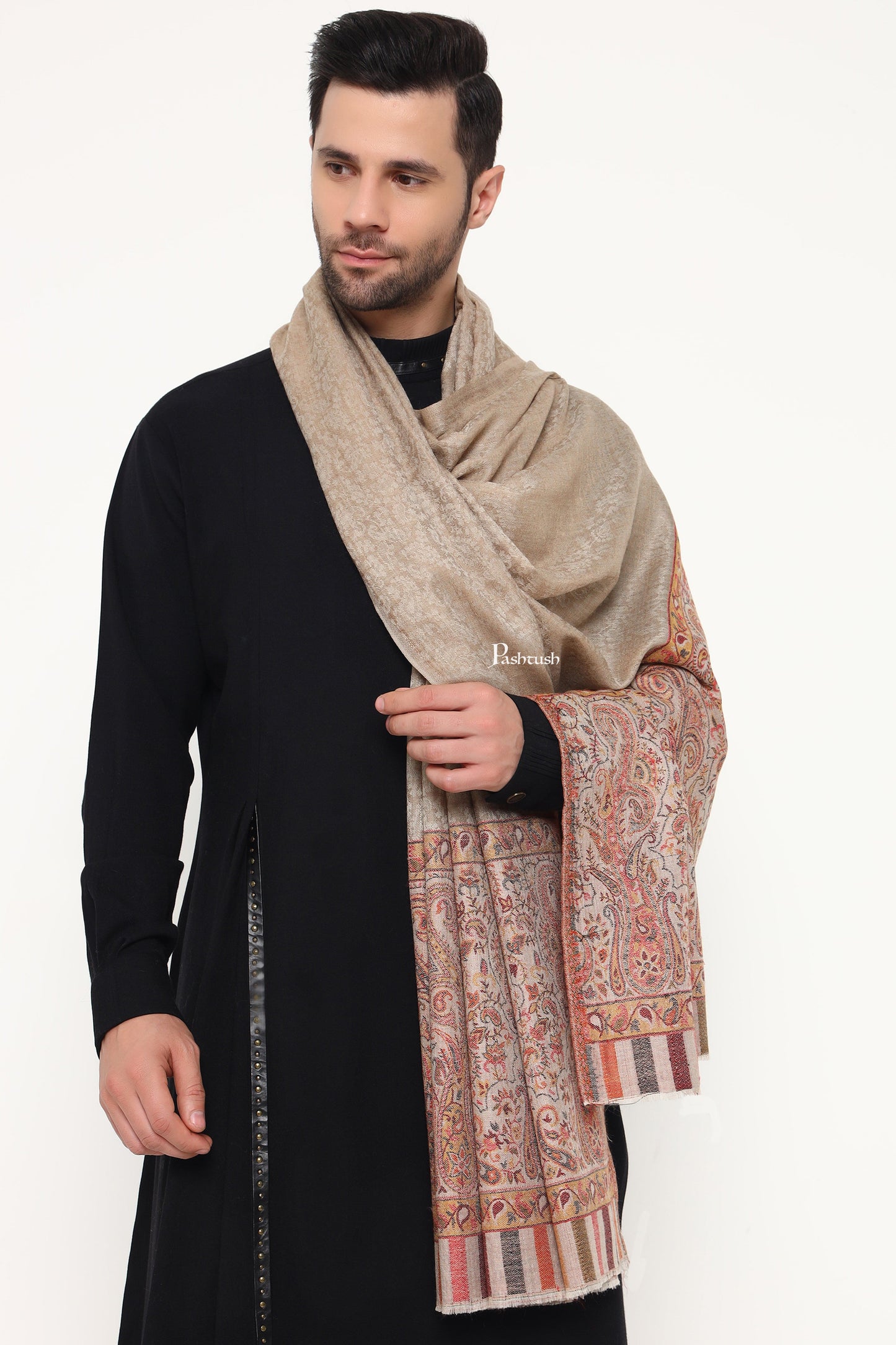 Pashtush India Mens Scarves Stoles and Mufflers Pashtush Mens Extra Fine Wool Stole, Paisley Palla Design, Beige