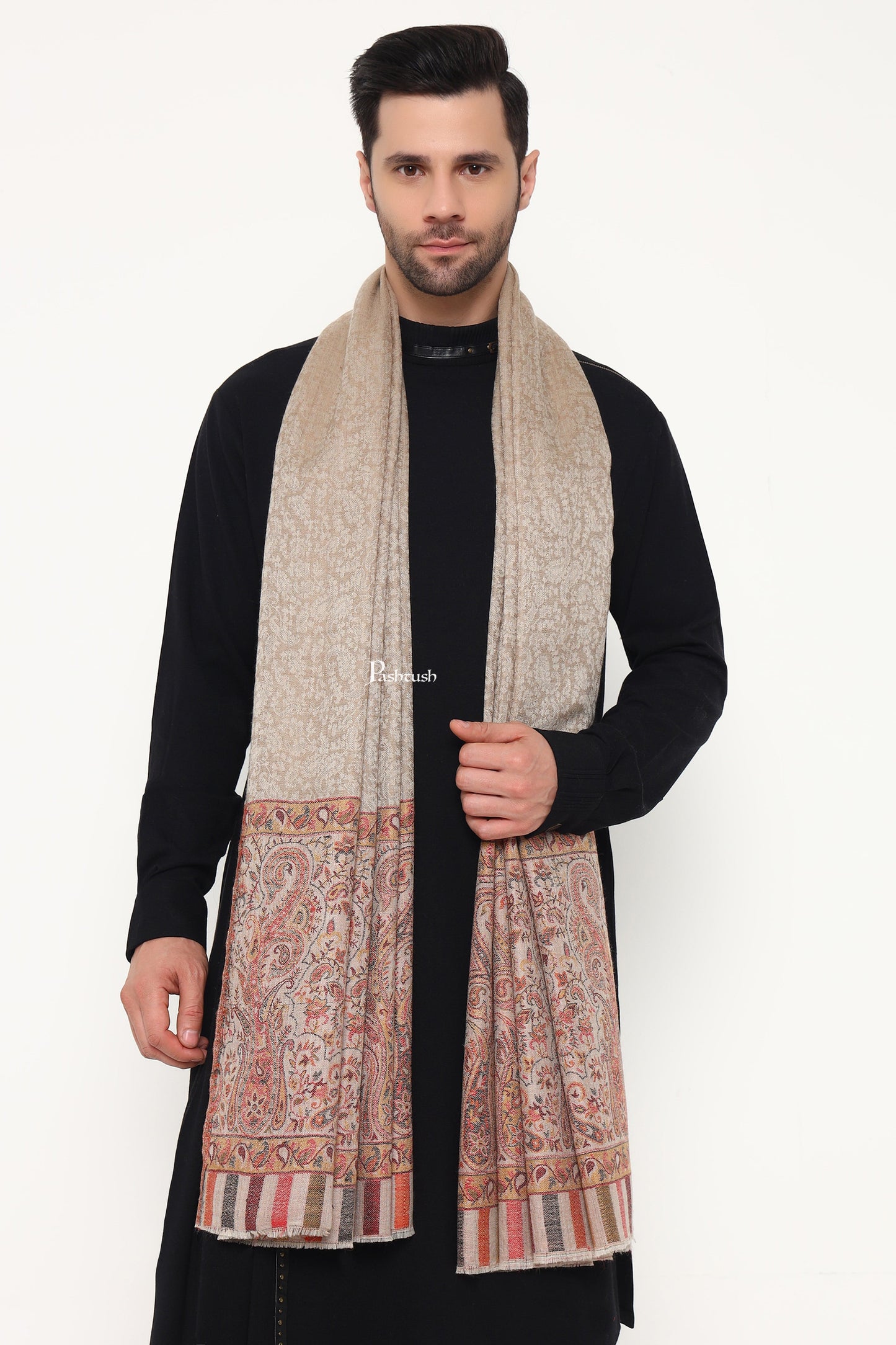 Pashtush India Mens Scarves Stoles and Mufflers Pashtush Mens Extra Fine Wool Stole, Paisley Palla Design, Beige