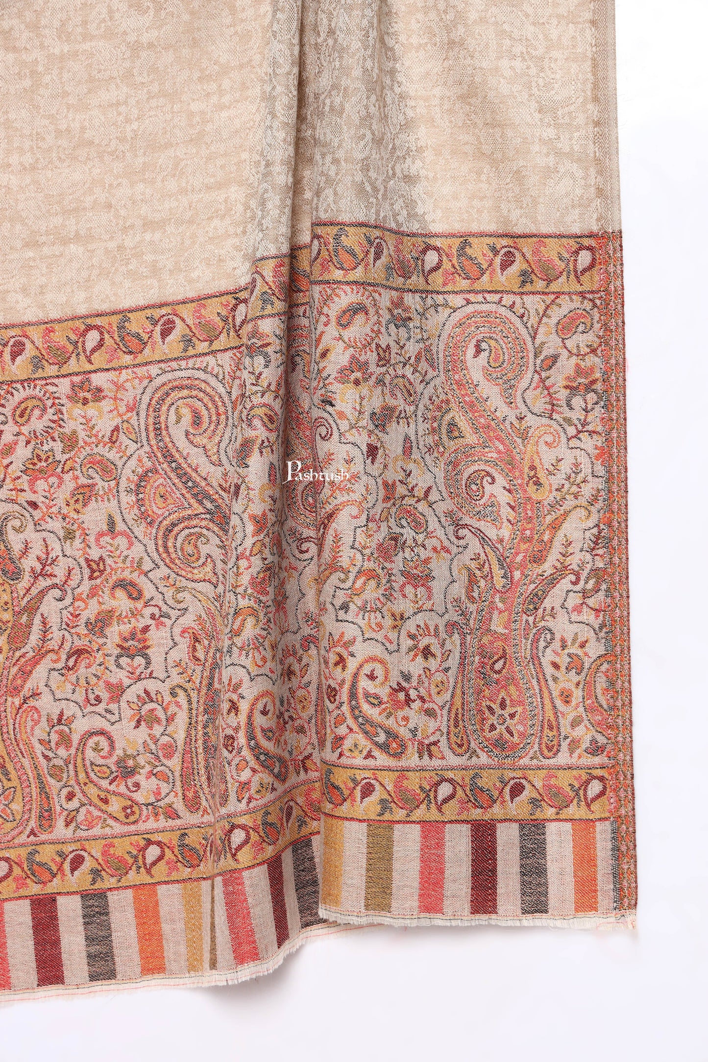 Pashtush India Mens Scarves Stoles and Mufflers Pashtush Mens Extra Fine Wool Stole, Paisley Palla Design, Beige