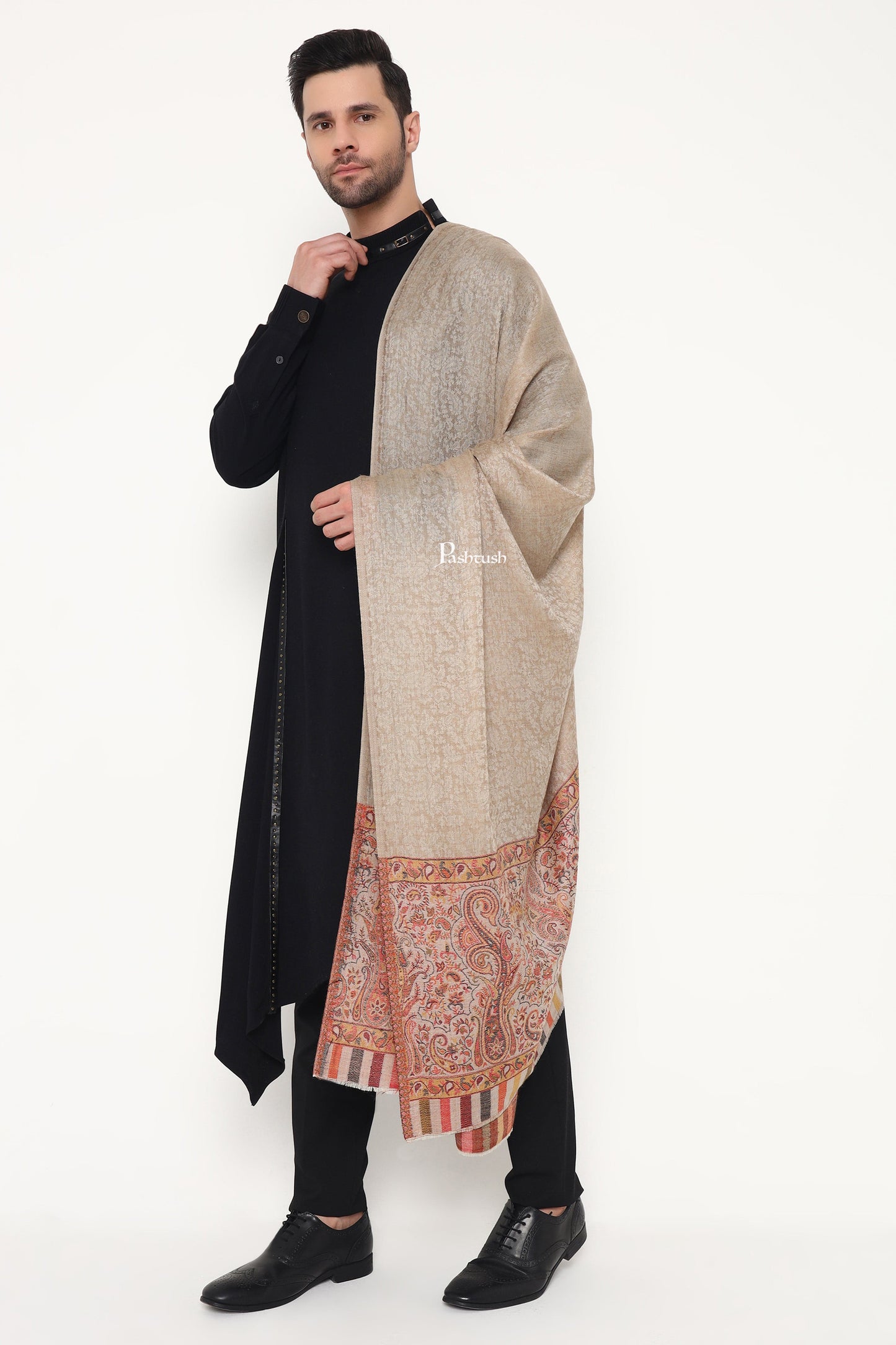 Pashtush India Mens Scarves Stoles and Mufflers Pashtush Mens Extra Fine Wool Stole, Paisley Palla Design, Beige