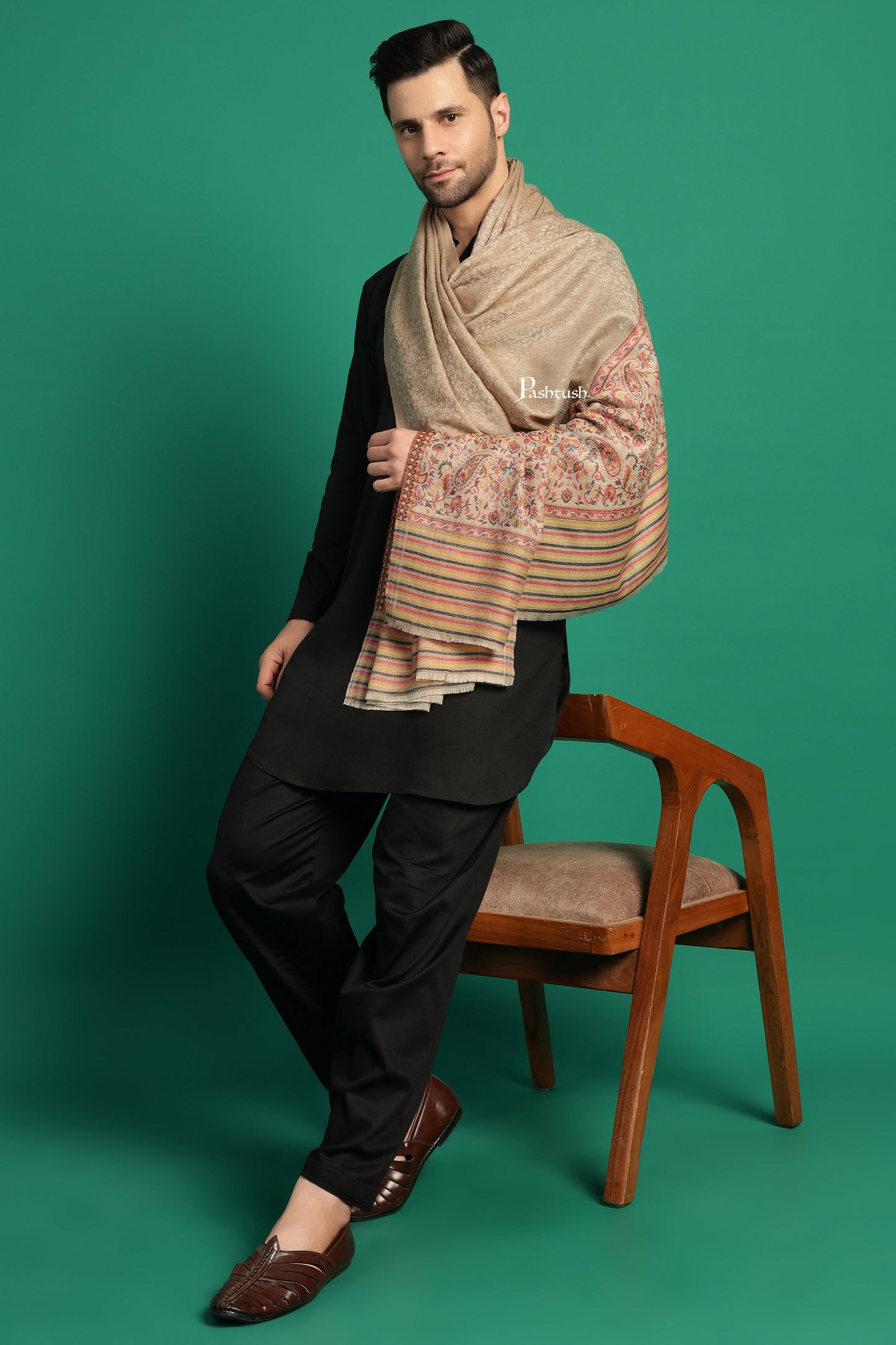 Pashtush India Mens Scarves Stoles and Mufflers Pashtush Mens Extra Fine Wool Stole, Paisley Palla Design, Beige
