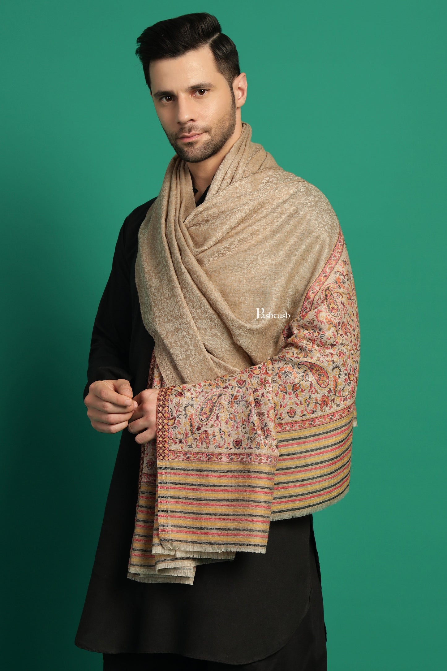 Pashtush India Mens Scarves Stoles and Mufflers Pashtush Mens Extra Fine Wool Stole, Paisley Palla Design, Beige