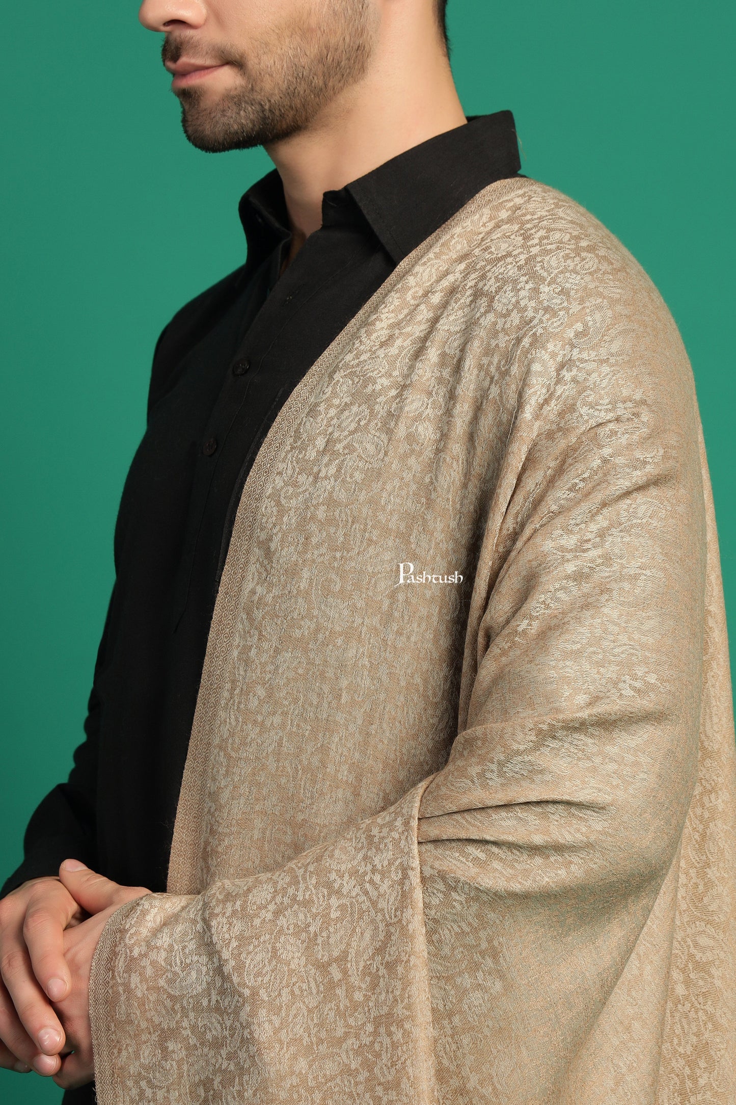 Pashtush India Mens Scarves Stoles and Mufflers Pashtush Mens Extra Fine Wool Stole, Paisley Palla Design, Beige