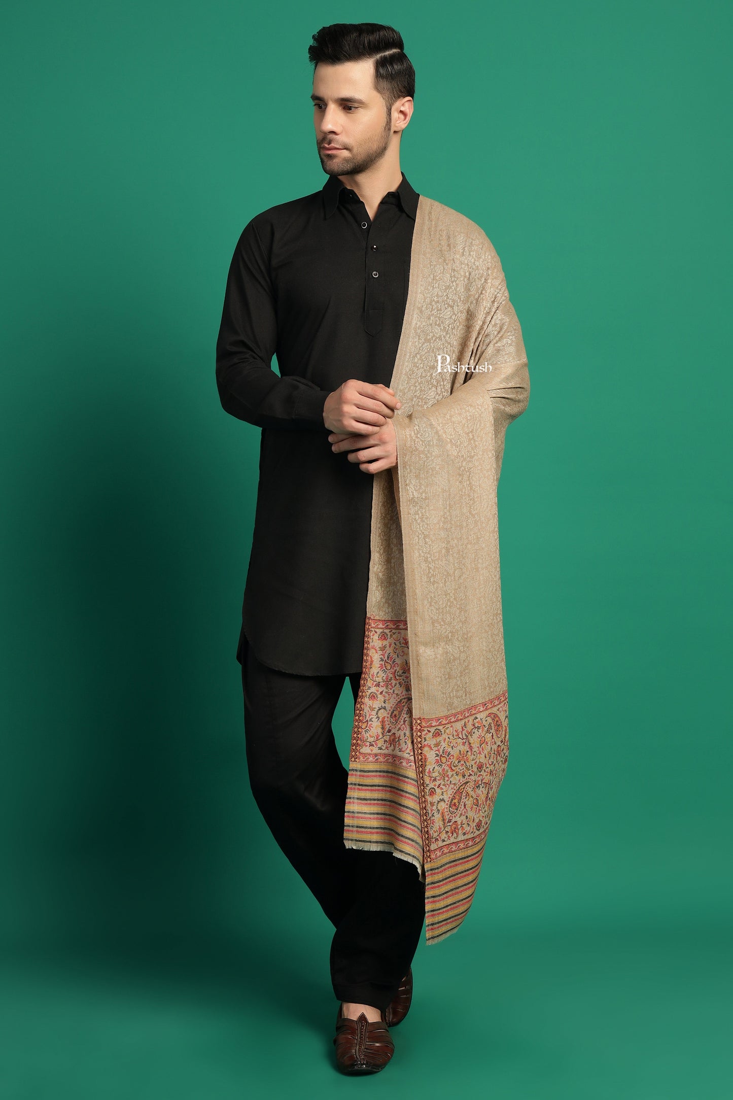 Pashtush India Mens Scarves Stoles and Mufflers Pashtush Mens Extra Fine Wool Stole, Paisley Palla Design, Beige