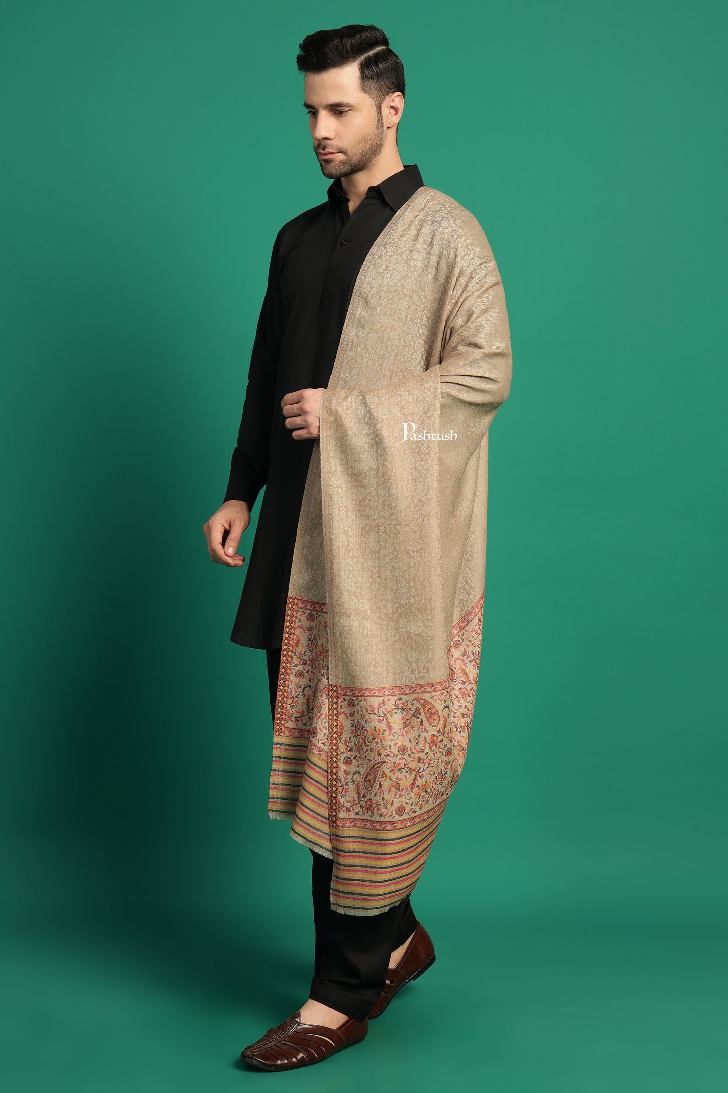 Pashtush India Mens Scarves Stoles and Mufflers Pashtush Mens Extra Fine Wool Stole, Paisley Palla Design, Beige
