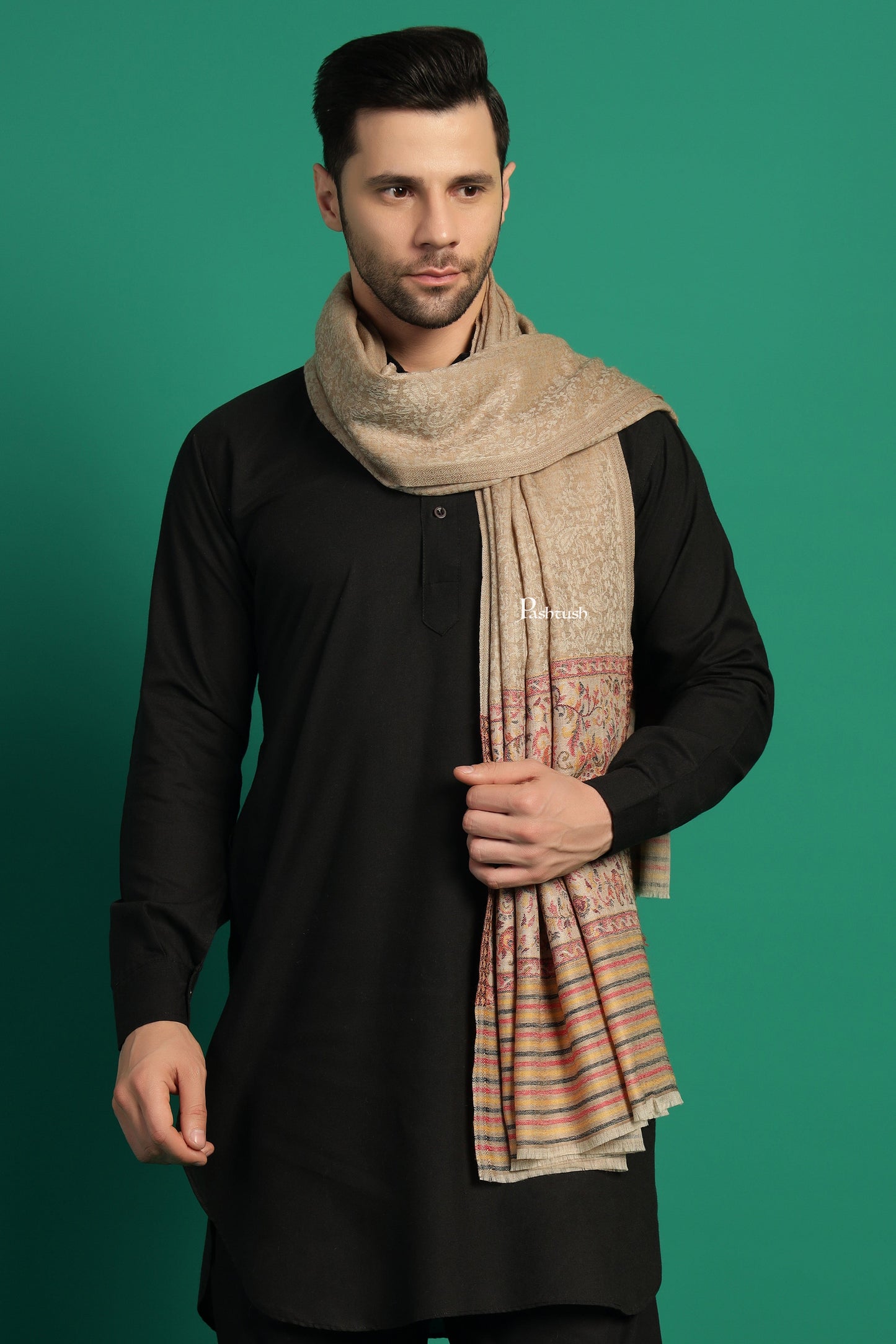 Pashtush India Mens Scarves Stoles and Mufflers Pashtush Mens Extra Fine Wool Stole, Paisley Palla Design, Beige