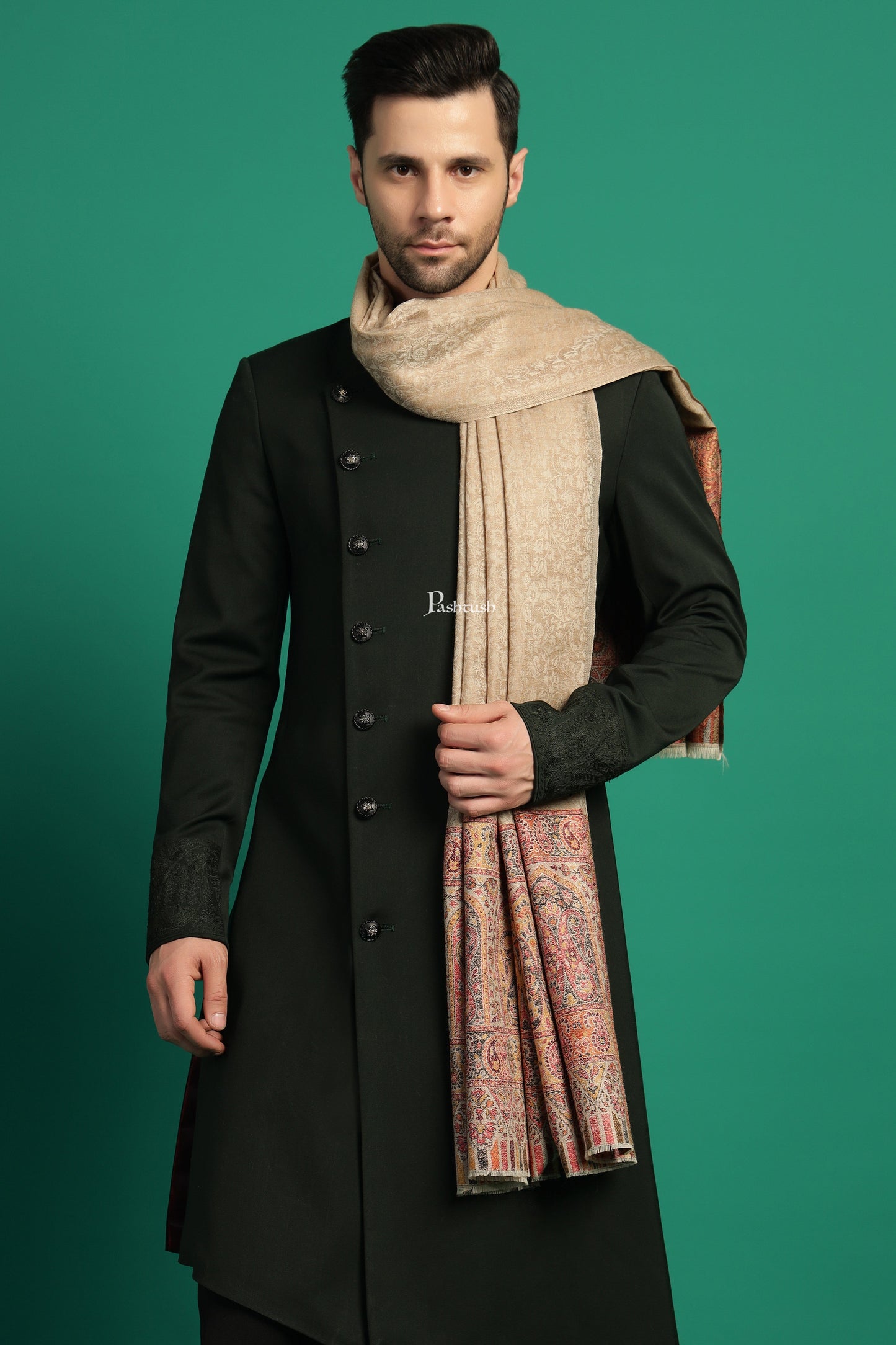 Pashtush India Mens Scarves Stoles and Mufflers Pashtush Mens Extra Fine Wool Stole, Paisley Palla Design, Beige