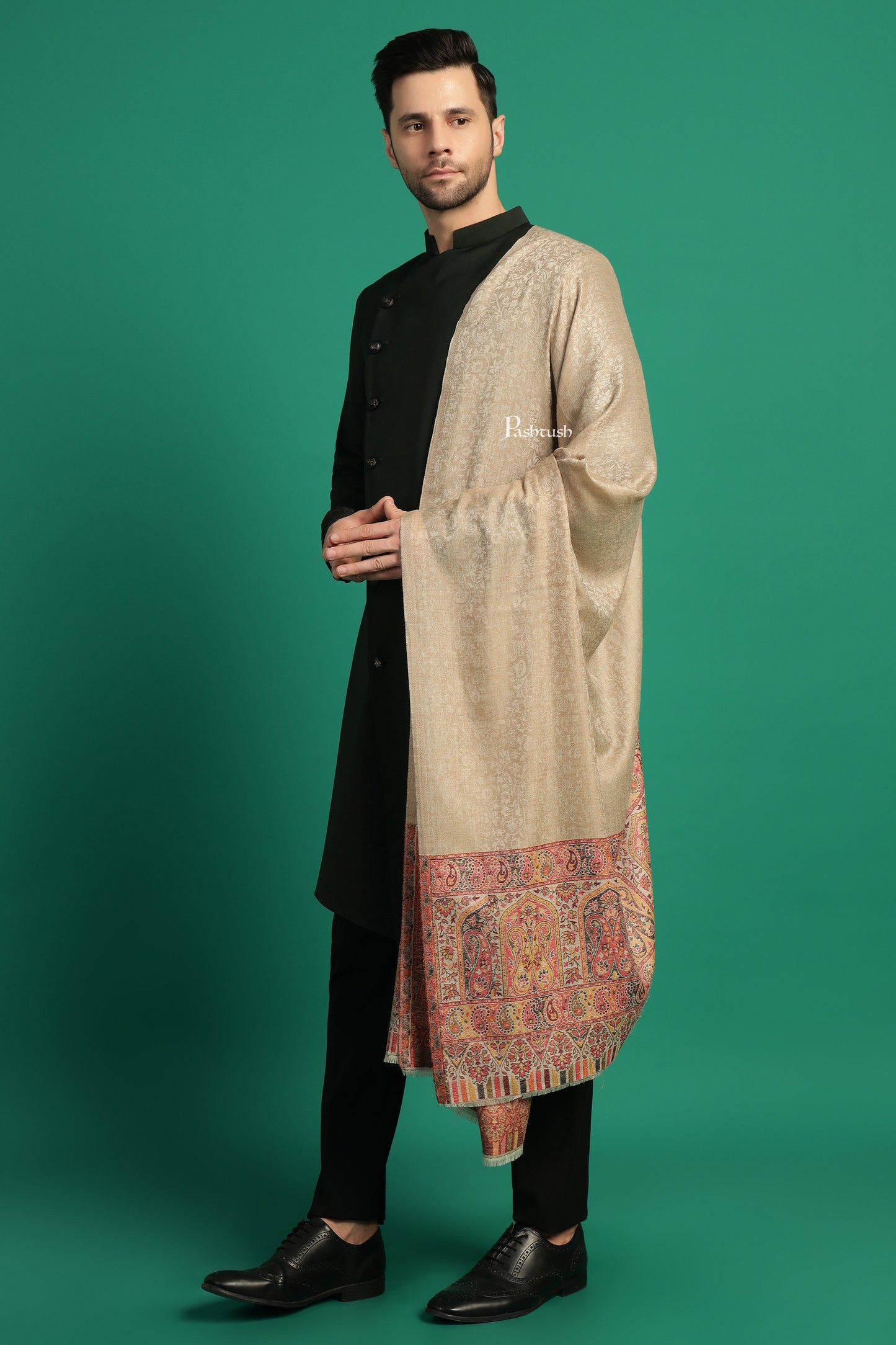 Pashtush India Mens Scarves Stoles and Mufflers Pashtush Mens Extra Fine Wool Stole, Paisley Palla Design, Beige