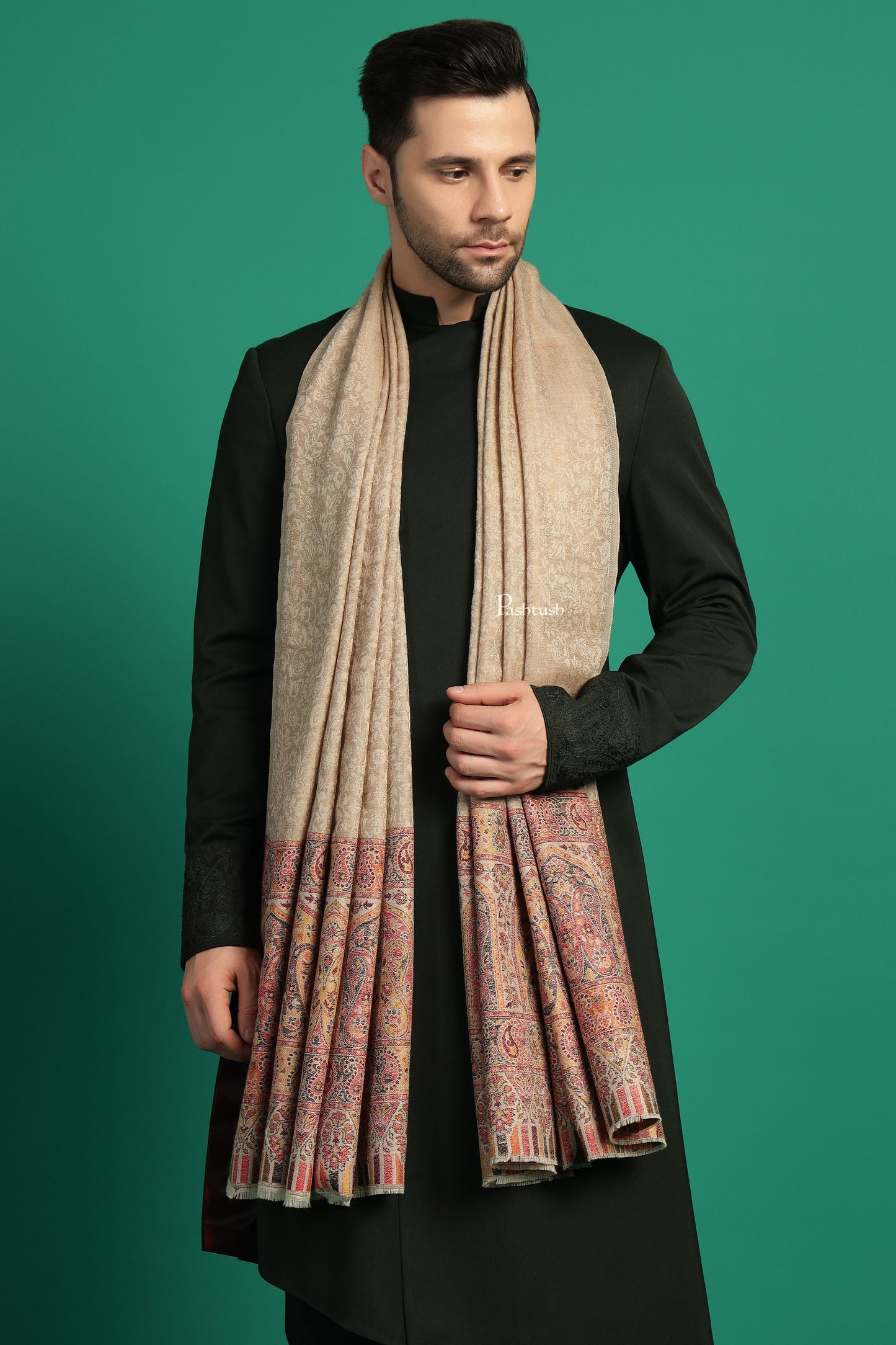 Pashtush India Mens Scarves Stoles and Mufflers Pashtush Mens Extra Fine Wool Stole, Paisley Palla Design, Beige