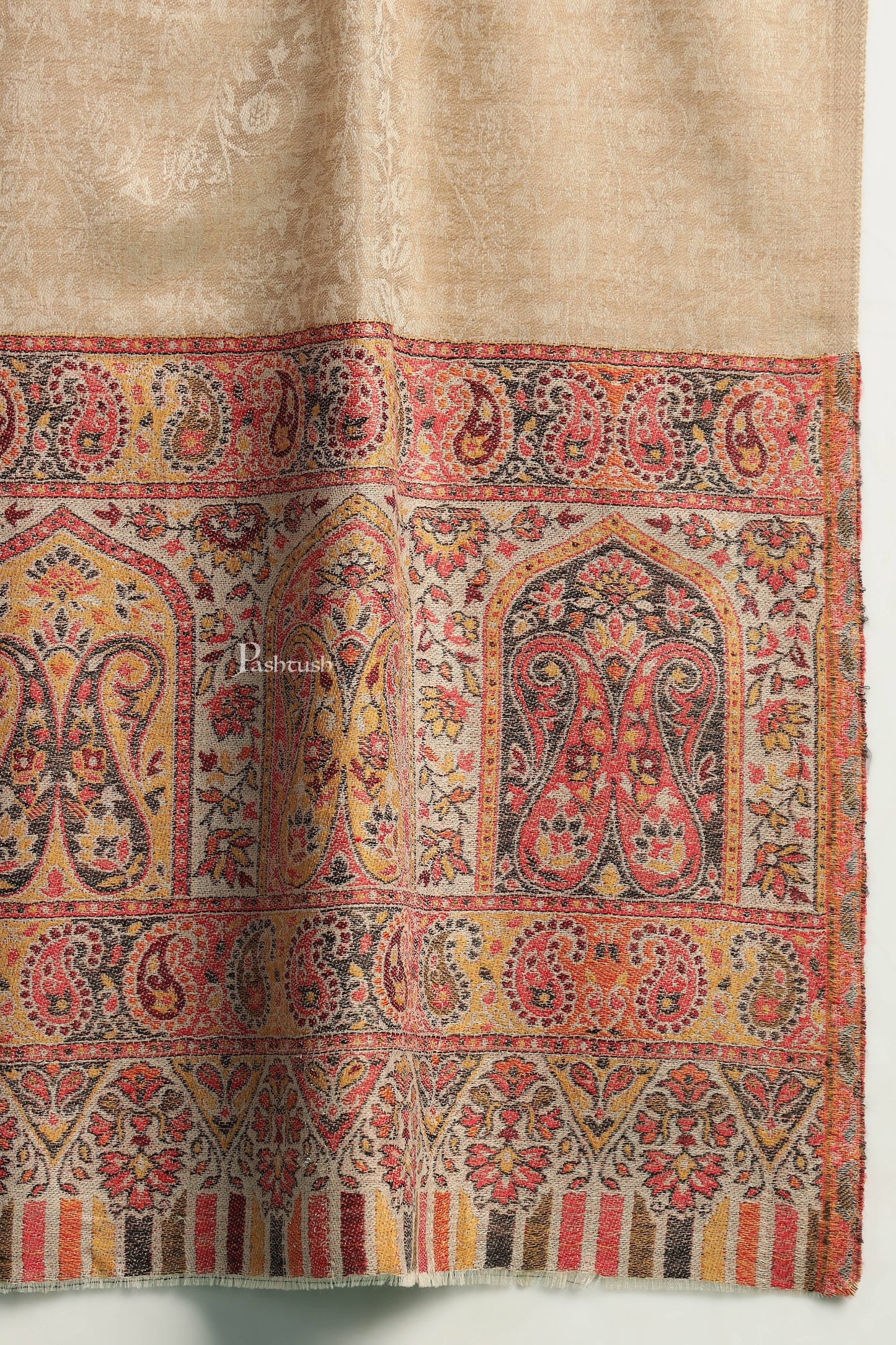 Pashtush India Mens Scarves Stoles and Mufflers Pashtush Mens Extra Fine Wool Stole, Paisley Palla Design, Beige