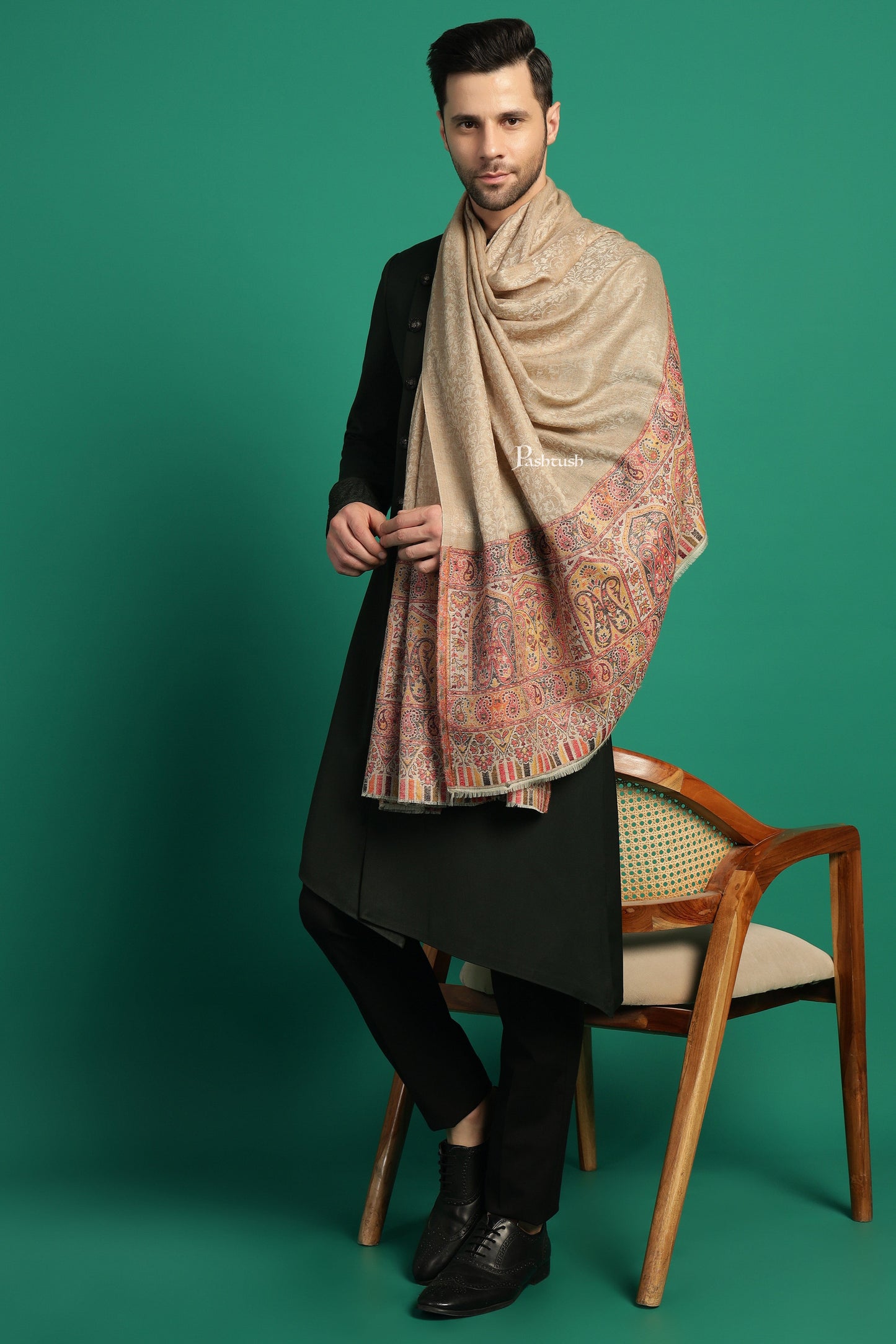 Pashtush India Mens Scarves Stoles and Mufflers Pashtush Mens Extra Fine Wool Stole, Paisley Palla Design, Beige