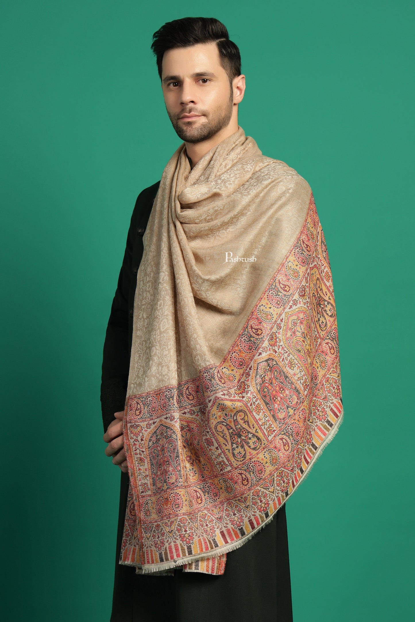Pashtush India Mens Scarves Stoles and Mufflers Pashtush Mens Extra Fine Wool Stole, Paisley Palla Design, Beige