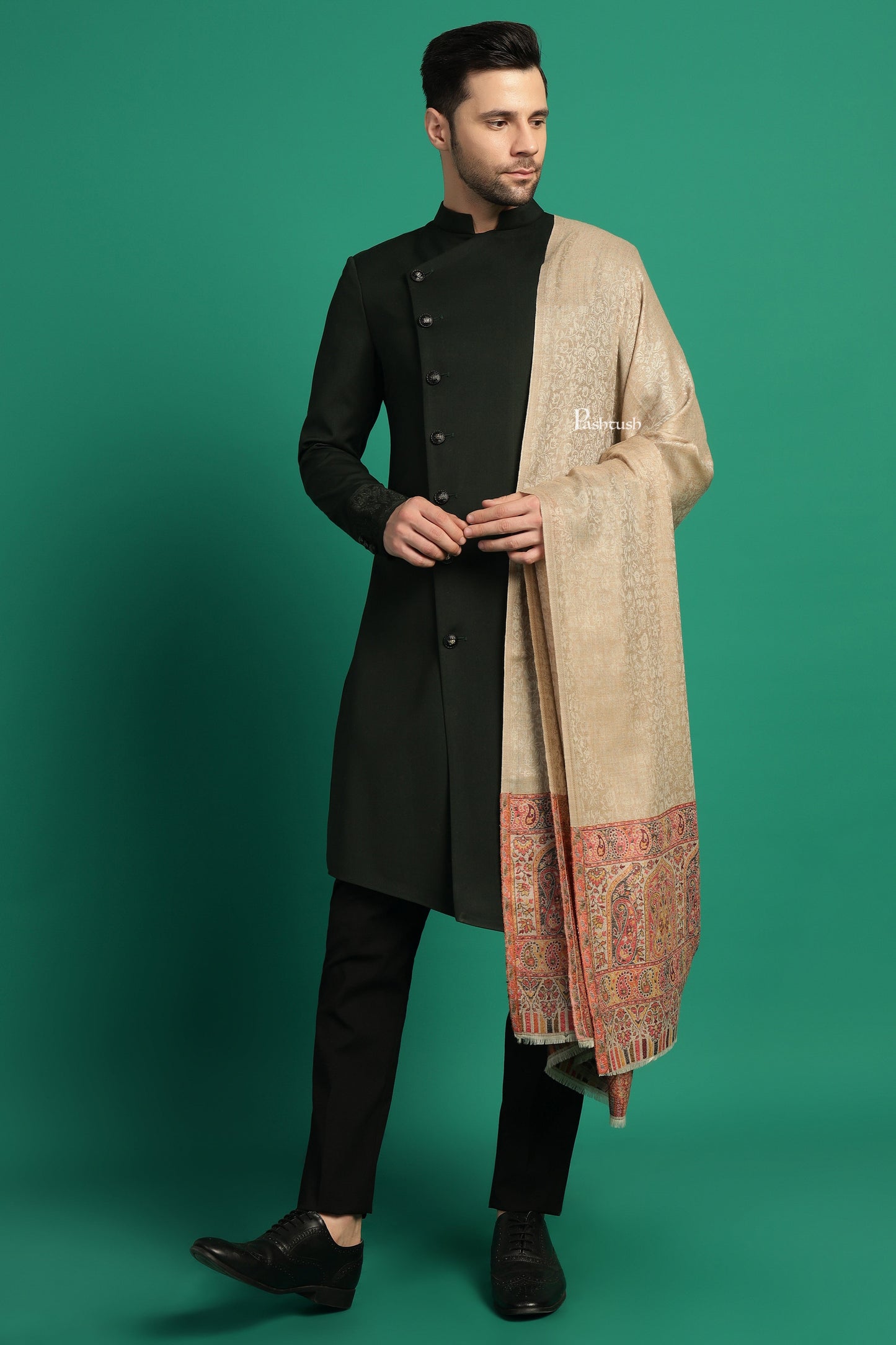 Pashtush India Mens Scarves Stoles and Mufflers Pashtush Mens Extra Fine Wool Stole, Paisley Palla Design, Beige