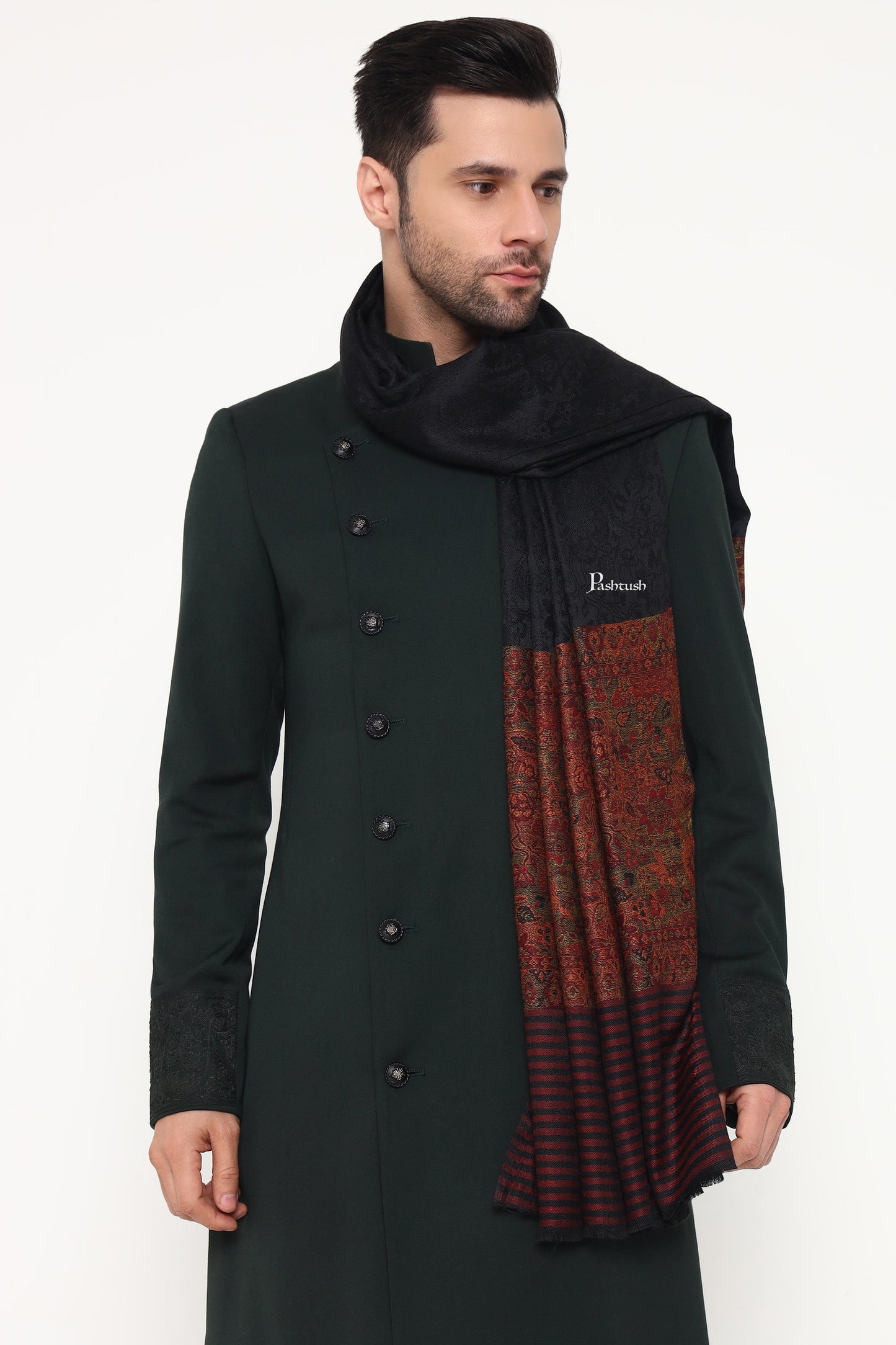 Pashtush India Mens Scarves Stoles and Mufflers Pashtush Mens Extra Fine Wool Stole, Paisley Palla Design, Black