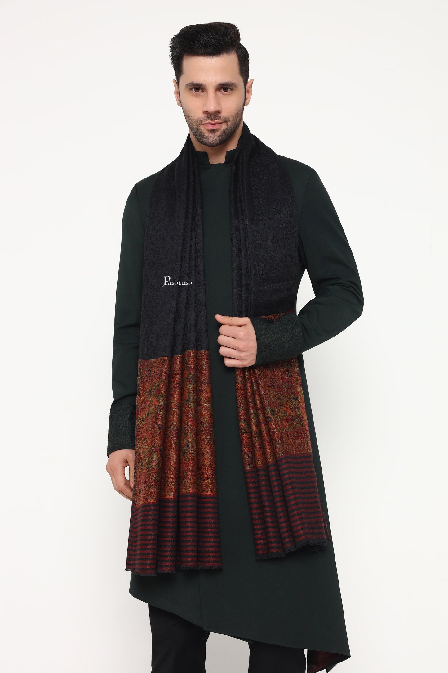 Pashtush India Mens Scarves Stoles and Mufflers Pashtush Mens Extra Fine Wool Stole, Paisley Palla Design, Black
