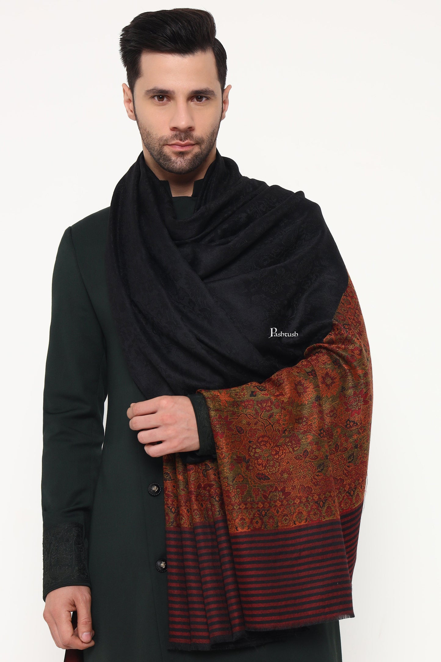 Pashtush India Mens Scarves Stoles and Mufflers Pashtush Mens Extra Fine Wool Stole, Paisley Palla Design, Black