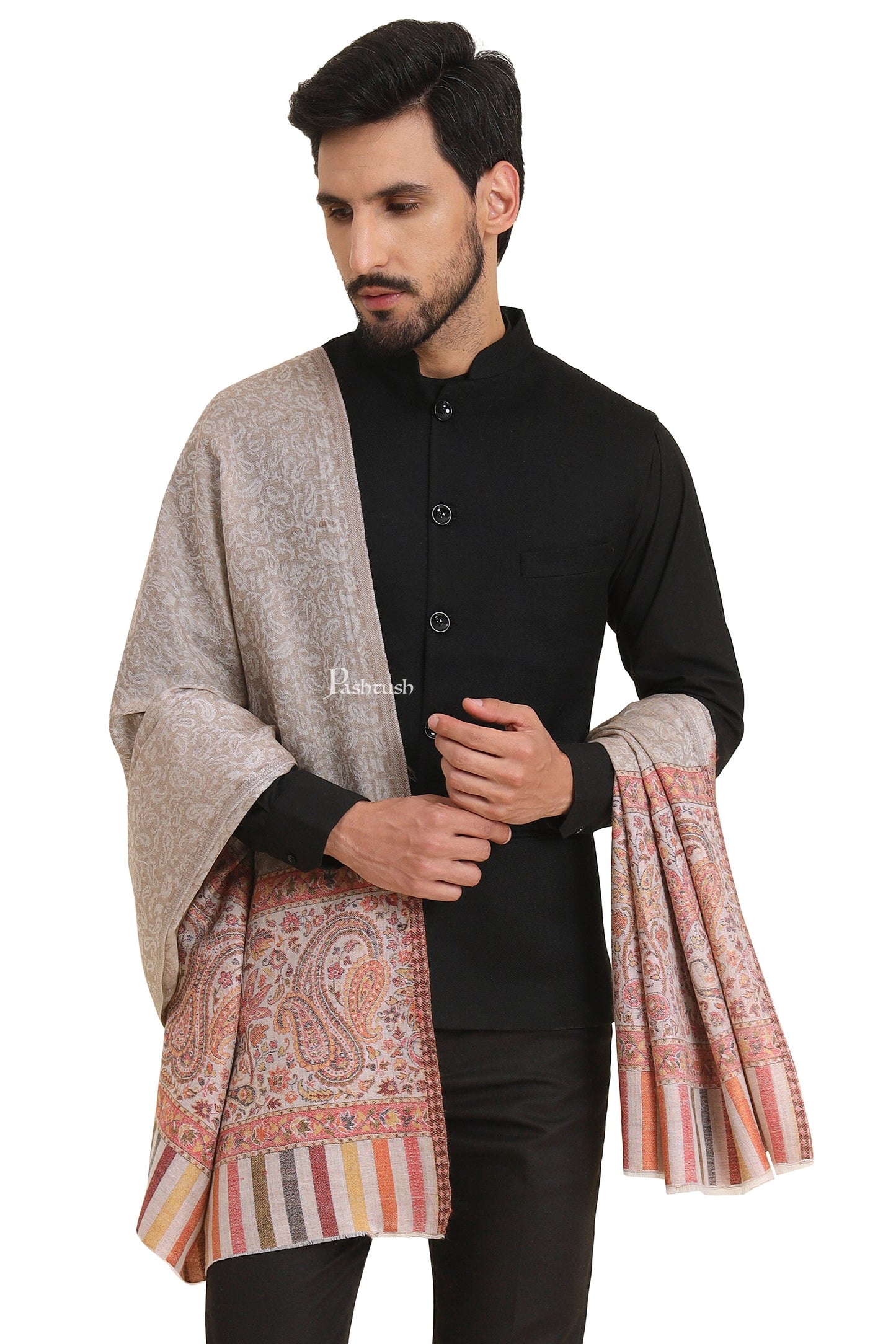 Pashtush India Mens Scarves Stoles and Mufflers Pashtush Mens Extra Fine Wool Stole, Paisley Weave Design, Beige