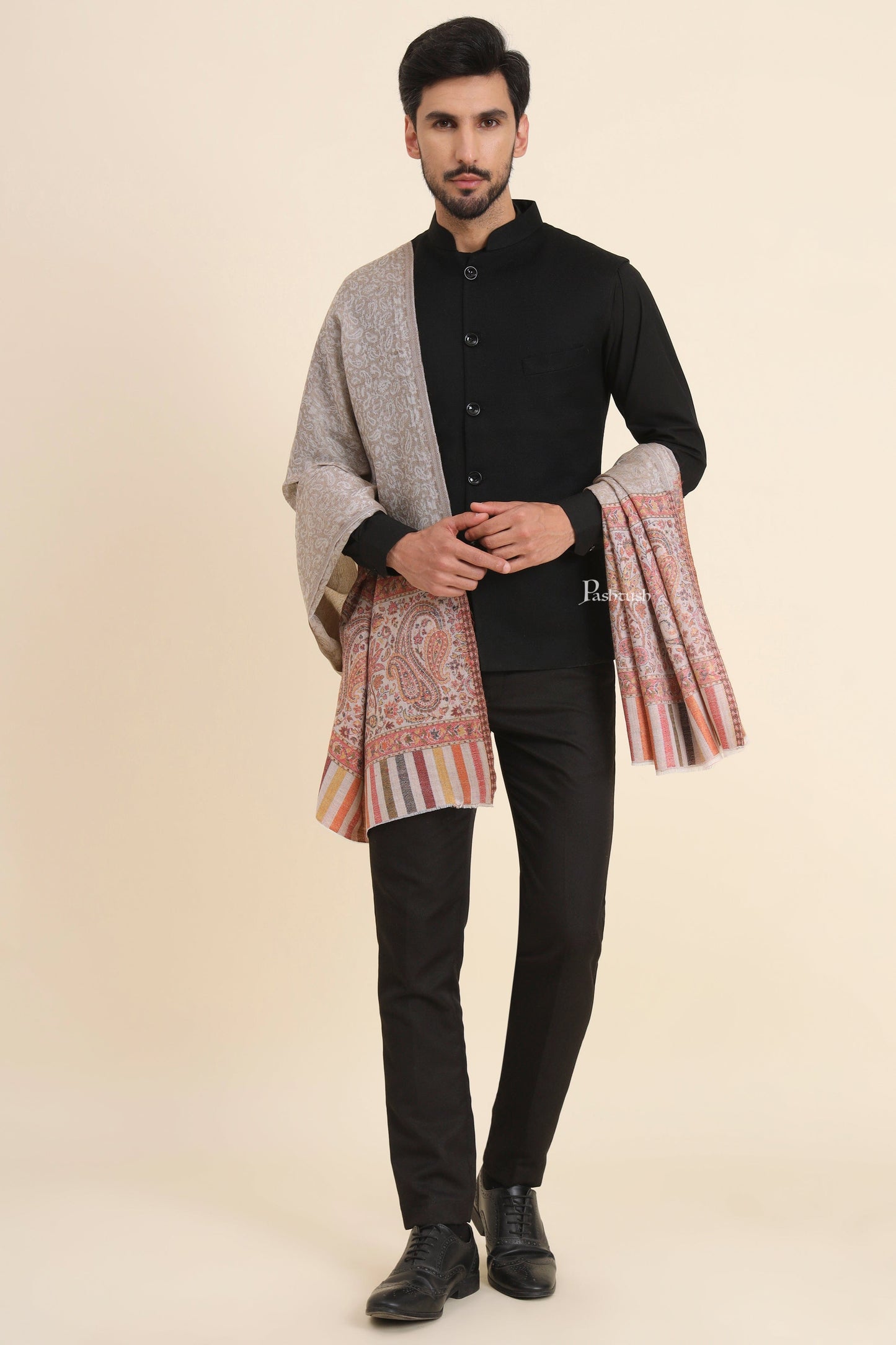 Pashtush India Mens Scarves Stoles and Mufflers Pashtush Mens Extra Fine Wool Stole, Paisley Weave Design, Beige