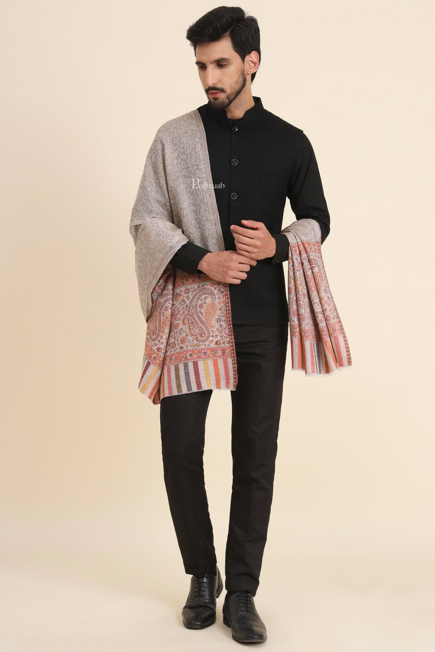 Pashtush India Mens Scarves Stoles and Mufflers Pashtush Mens Extra Fine Wool Stole, Paisley Weave Design, Beige