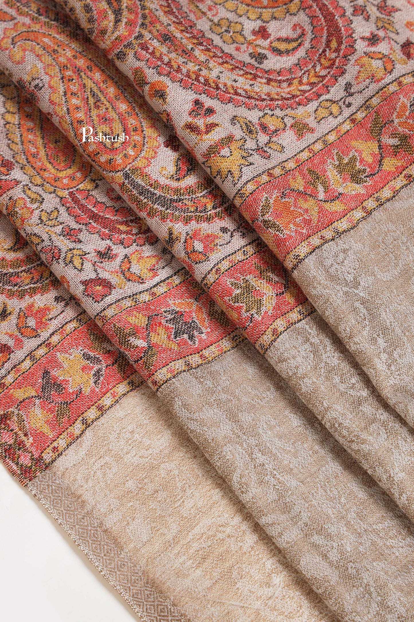 Pashtush India Mens Scarves Stoles and Mufflers Pashtush Mens Extra Fine Wool Stole, Paisley Weave Design, Beige