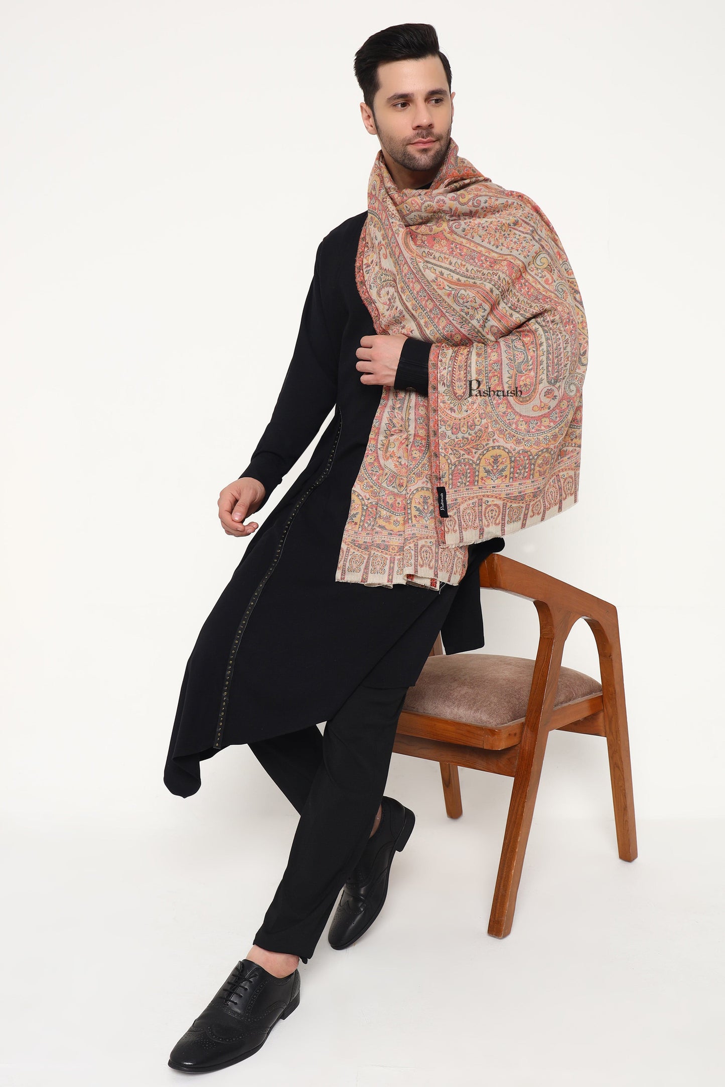 Pashtush India Mens Scarves Stoles and Mufflers Pashtush Mens Extra Fine Wool Stole, Paisley Weave Design, Beige