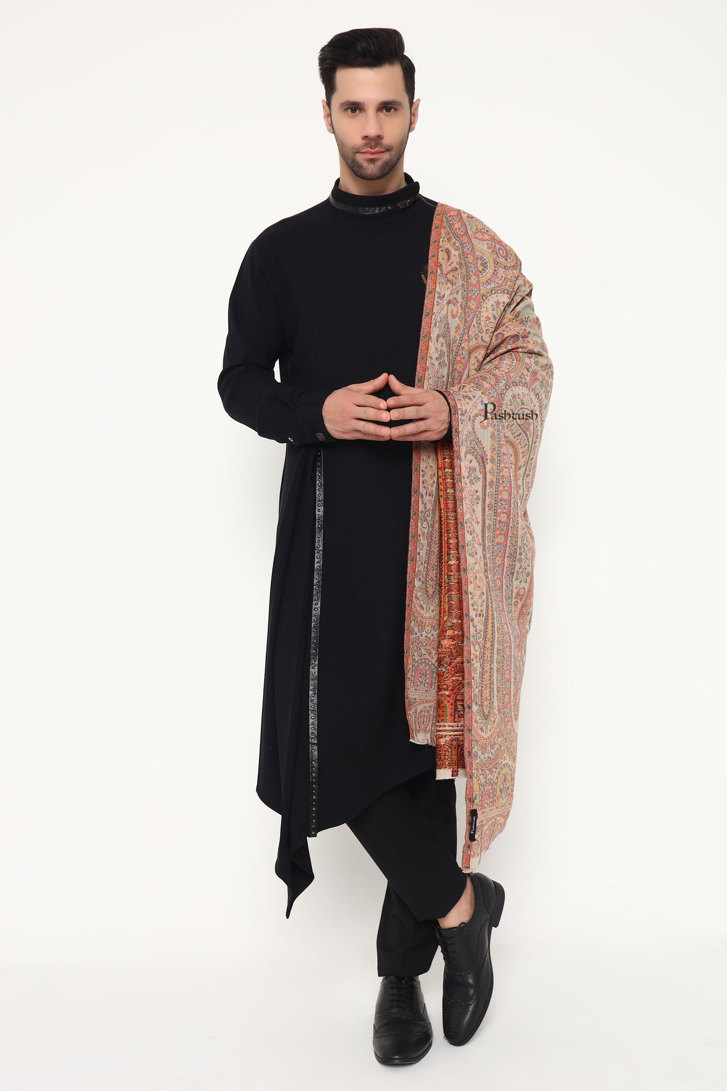 Pashtush India Mens Scarves Stoles and Mufflers Pashtush Mens Extra Fine Wool Stole, Paisley Weave Design, Beige