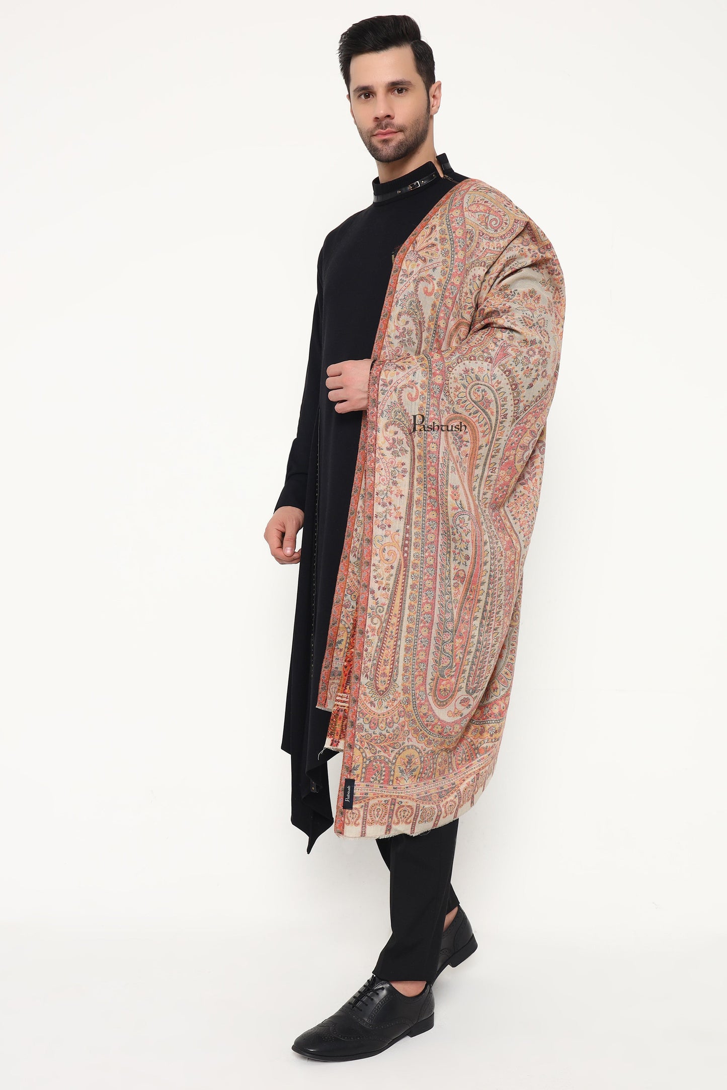 Pashtush India Mens Scarves Stoles and Mufflers Pashtush Mens Extra Fine Wool Stole, Paisley Weave Design, Beige