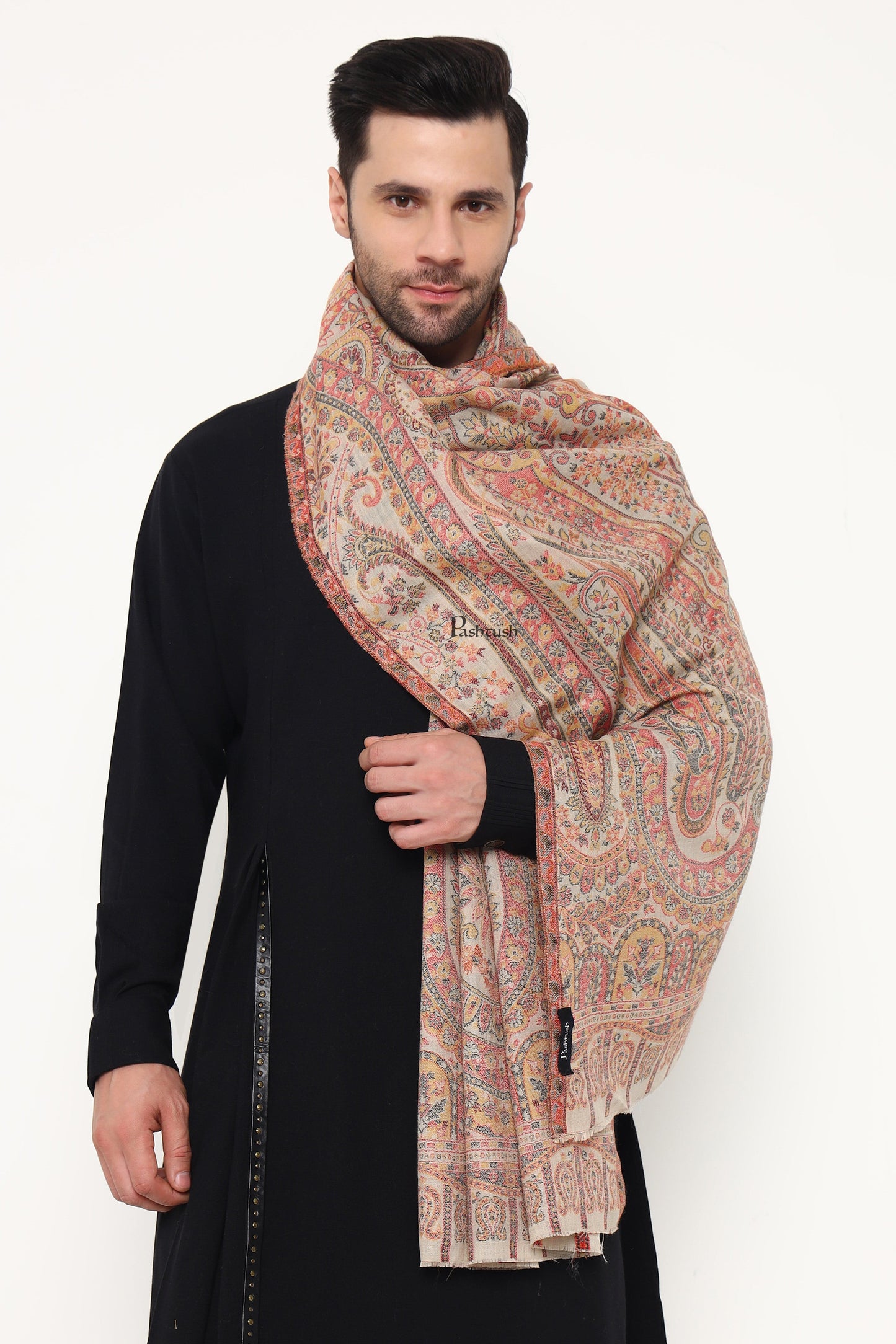 Pashtush India Mens Scarves Stoles and Mufflers Pashtush Mens Extra Fine Wool Stole, Paisley Weave Design, Beige