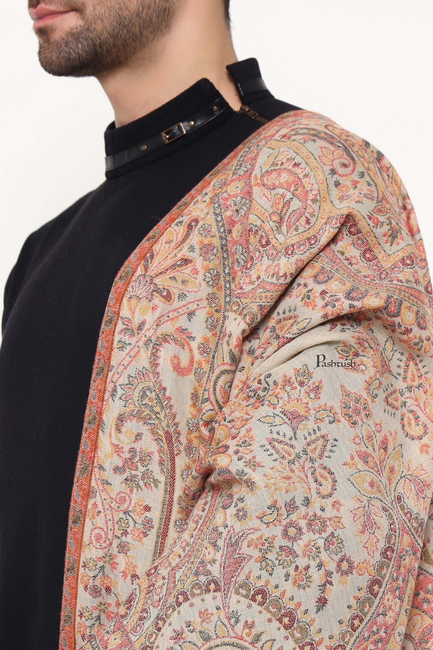Pashtush India Mens Scarves Stoles and Mufflers Pashtush Mens Extra Fine Wool Stole, Paisley Weave Design, Beige