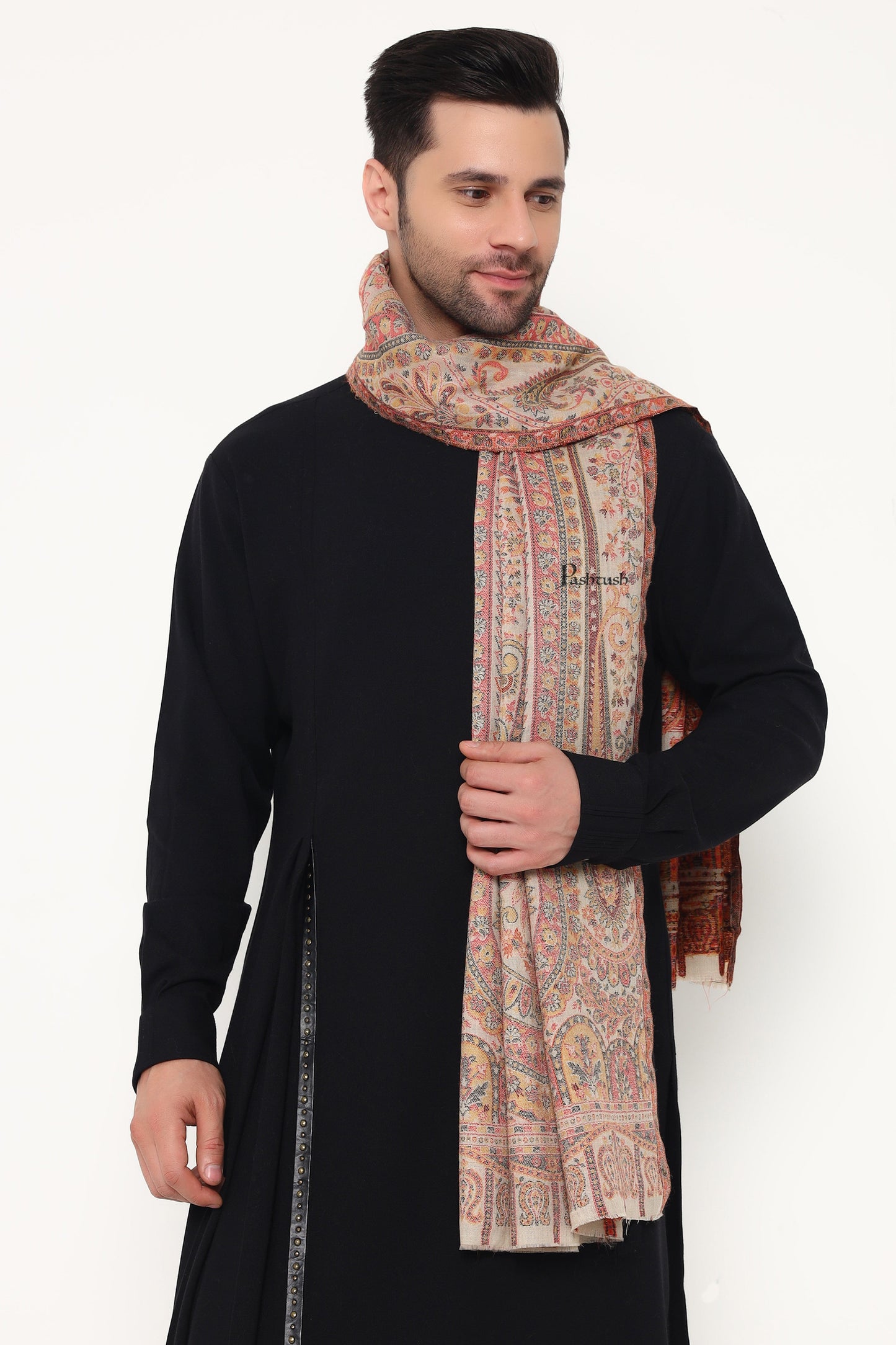 Pashtush India Mens Scarves Stoles and Mufflers Pashtush Mens Extra Fine Wool Stole, Paisley Weave Design, Beige