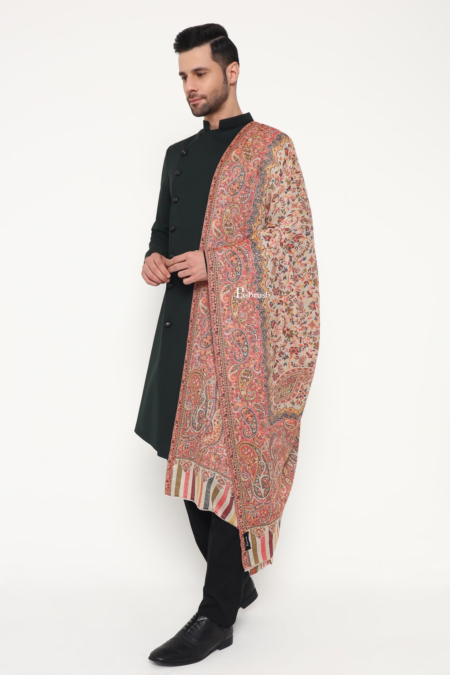 Pashtush India Mens Scarves Stoles and Mufflers Pashtush Mens Extra Fine Wool Stole, Paisley Weave Design, Beige
