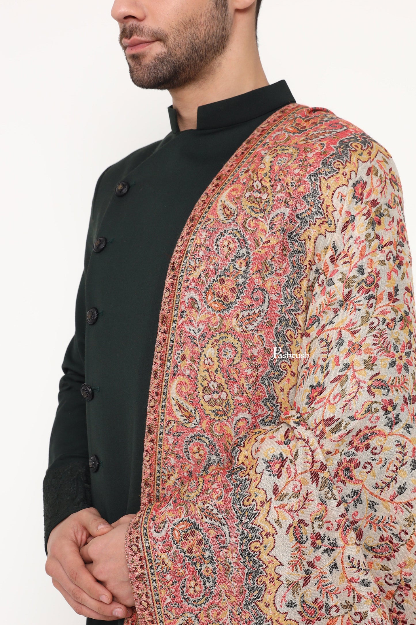Pashtush India Mens Scarves Stoles and Mufflers Pashtush Mens Extra Fine Wool Stole, Paisley Weave Design, Beige