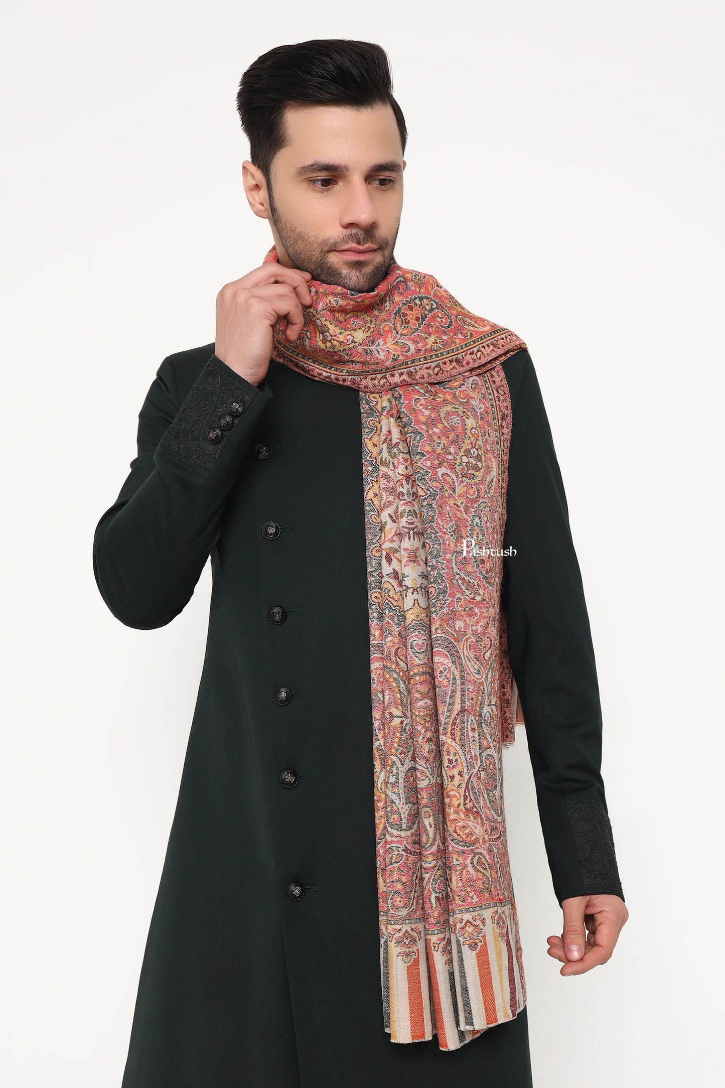 Pashtush India Mens Scarves Stoles and Mufflers Pashtush Mens Extra Fine Wool Stole, Paisley Weave Design, Beige