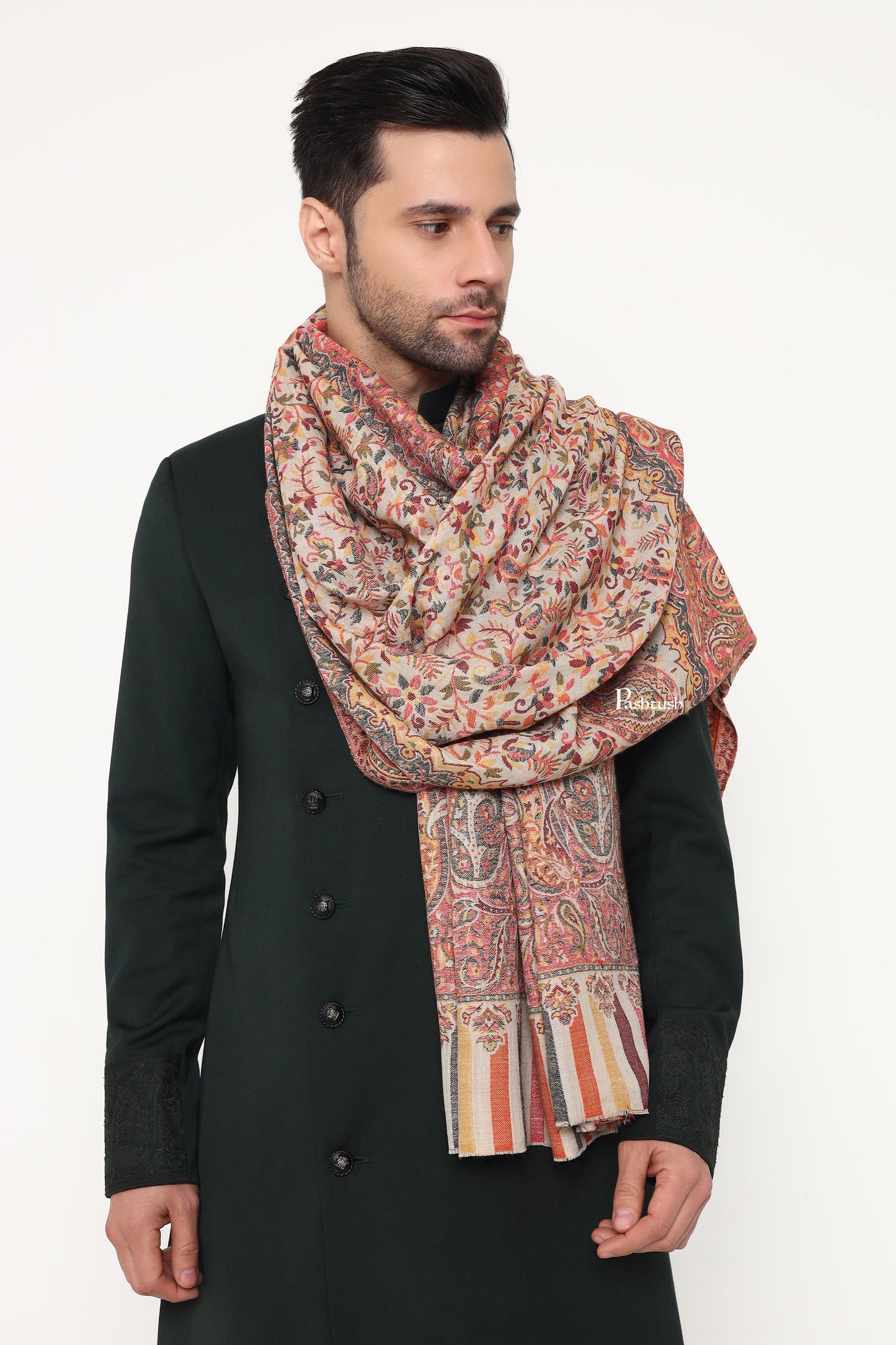 Pashtush India Mens Scarves Stoles and Mufflers Pashtush Mens Extra Fine Wool Stole, Paisley Weave Design, Beige